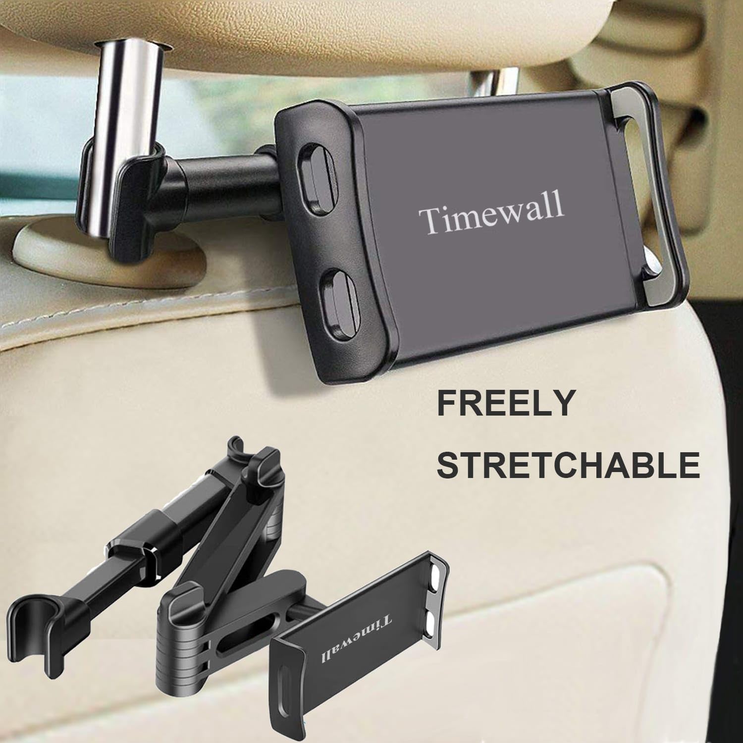 Timewall Car Headrest Tablet Mount Backseat Seat Universal Pad Phone Holder 360° Swivel Rotating Angle Adjustable Stretchable for iPad iPhone, Galaxy, Switch, 5-11" Device