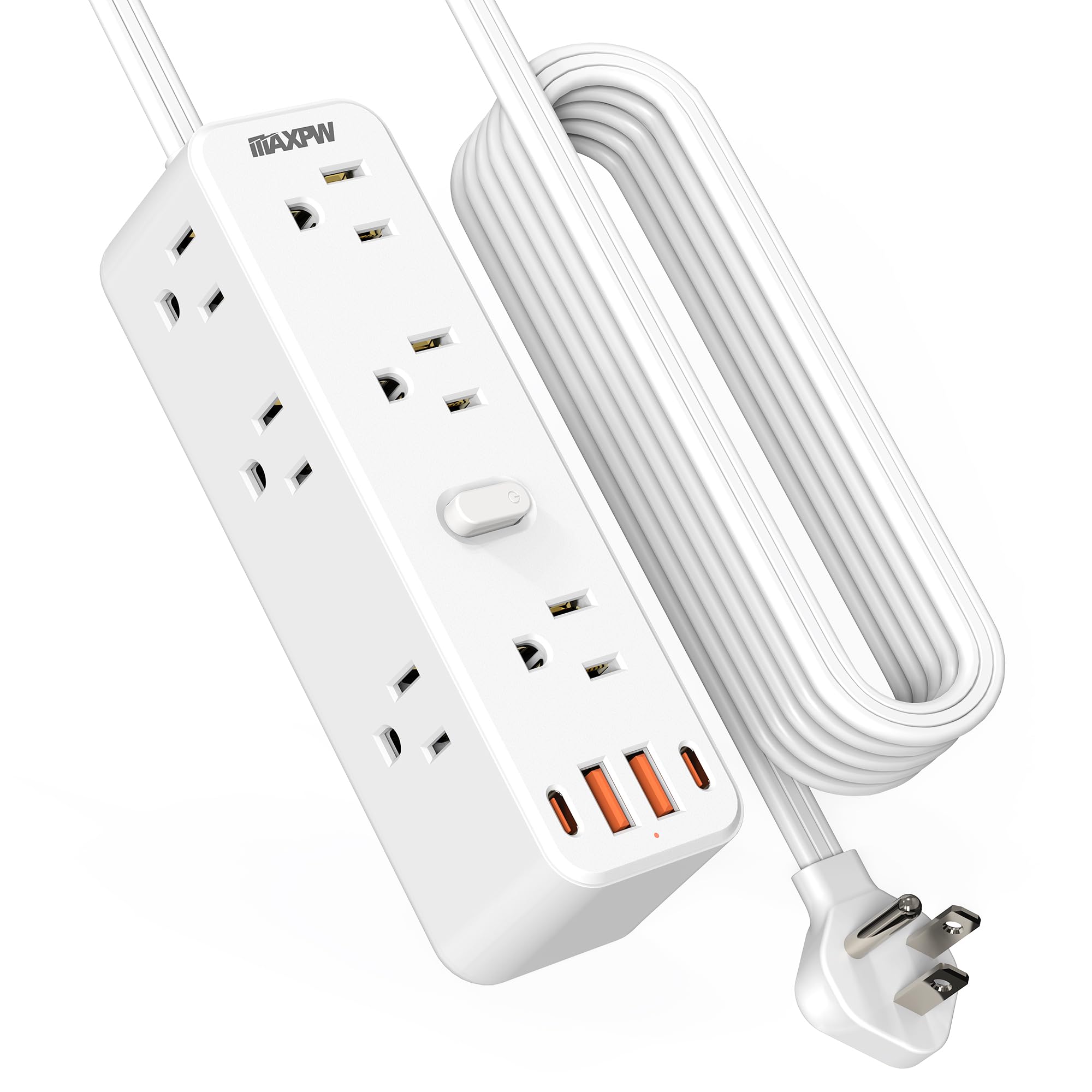 6 FT Flat Plug Extension Cord Surge Protector, Power Strip with 9 Outlets Extender and 4 USB Ports (2 USB-C), 2100 Joules, Wall Mount, Desk Charging Station for Home, Office, Travel, White