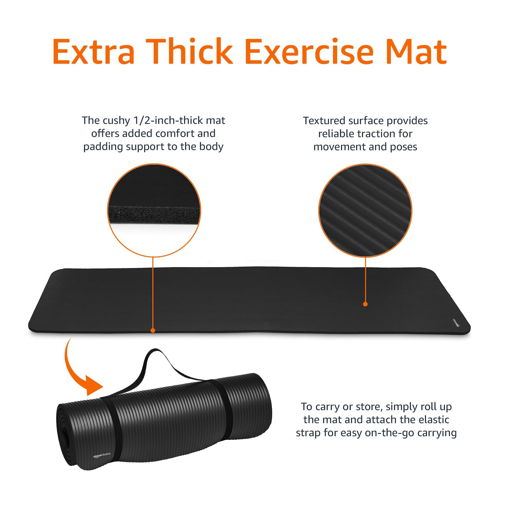 Amazon Basics Extra Thick Exercise Yoga Gym Floor Mat with Carrying Strap, 74 x 24 x .5 Inches, Black