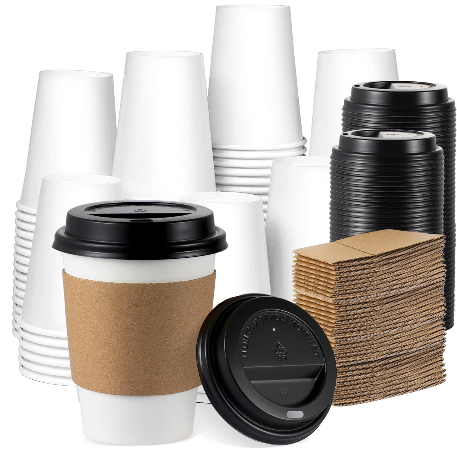 BENEVAL 100 Pack 12 oz Disposable Coffee Cups With Lids and Sleeves, Sturdy White Paper To Go Cups for Hot and Cold Beverages