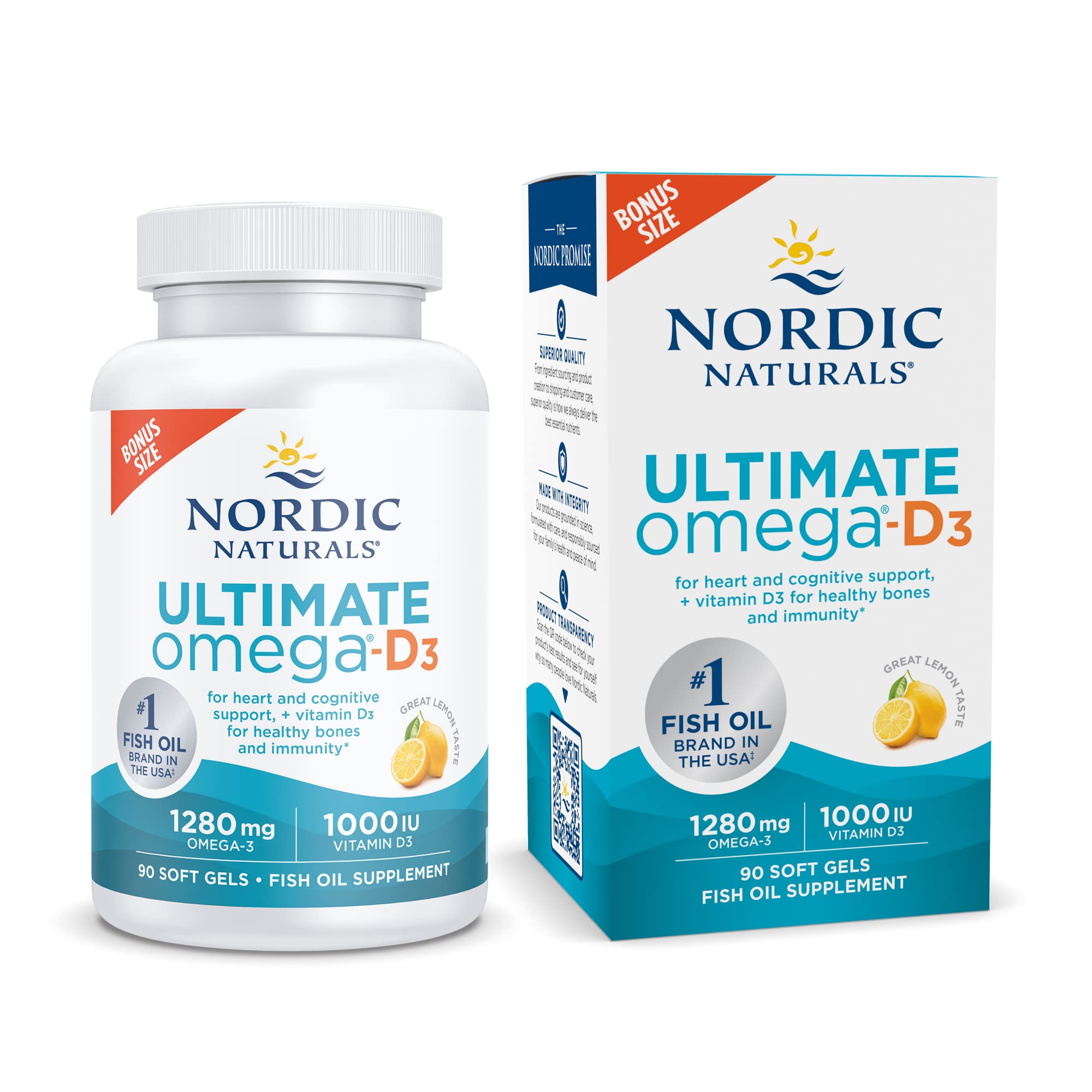 Nordic Naturals Ultimate Omega-D3, Lemon Flavor - 90 Soft Gels - 1280 mg Omega-3 + 1000 IU Vitamin D3 - Omega-3 Fish Oil - EPA & DHA - Promotes Brain, Heart, Joint, & Immune Health - 45 Servings