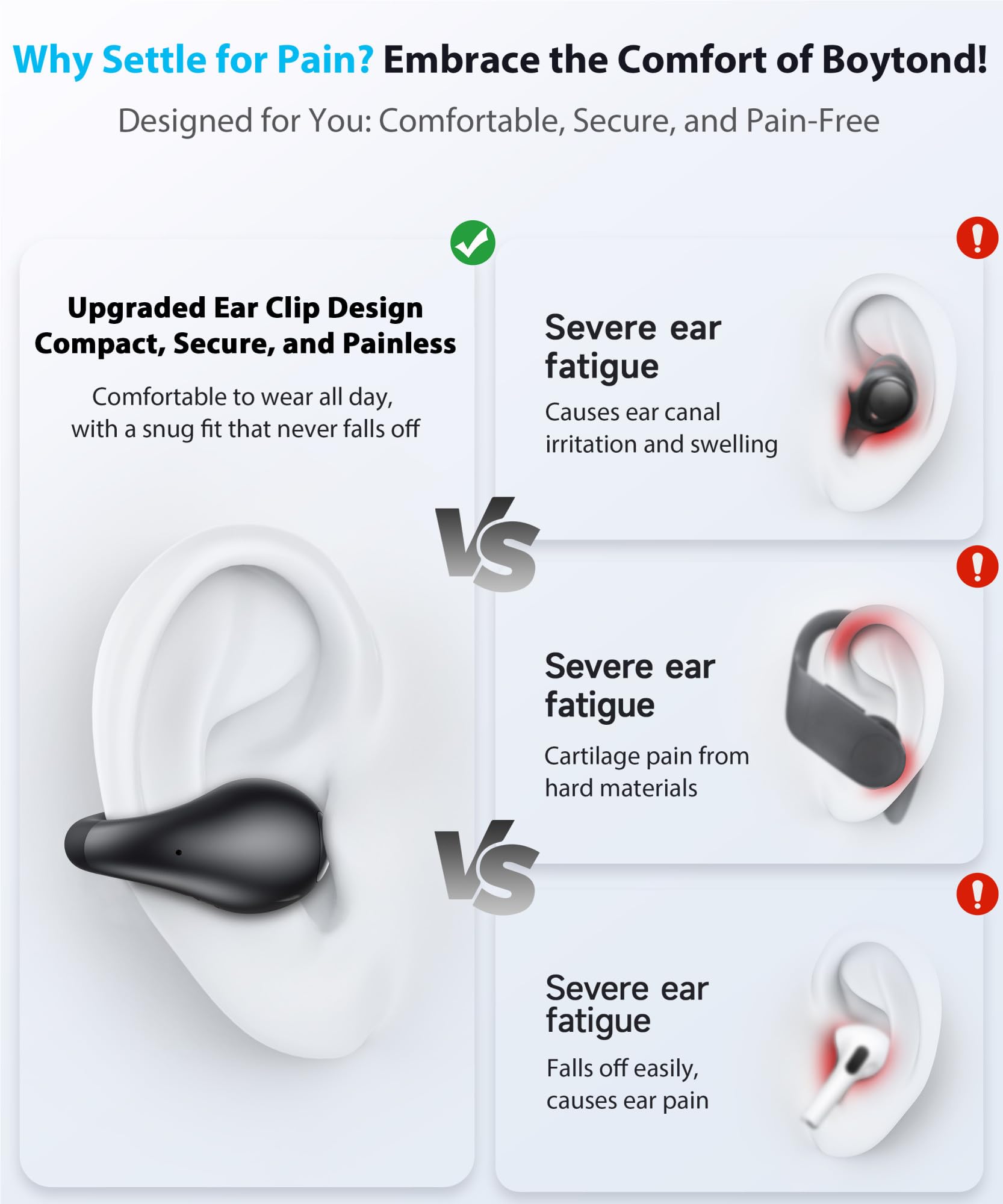 Boytond Ultra Open Ear Earbuds - Bone Conduction Earbuds with Wireless Bluetooth, Clip on Headphones, Over-The-Ear Earbuds Comfortable for Fitness, Running, and Gym Workouts, Designed for Small Ears