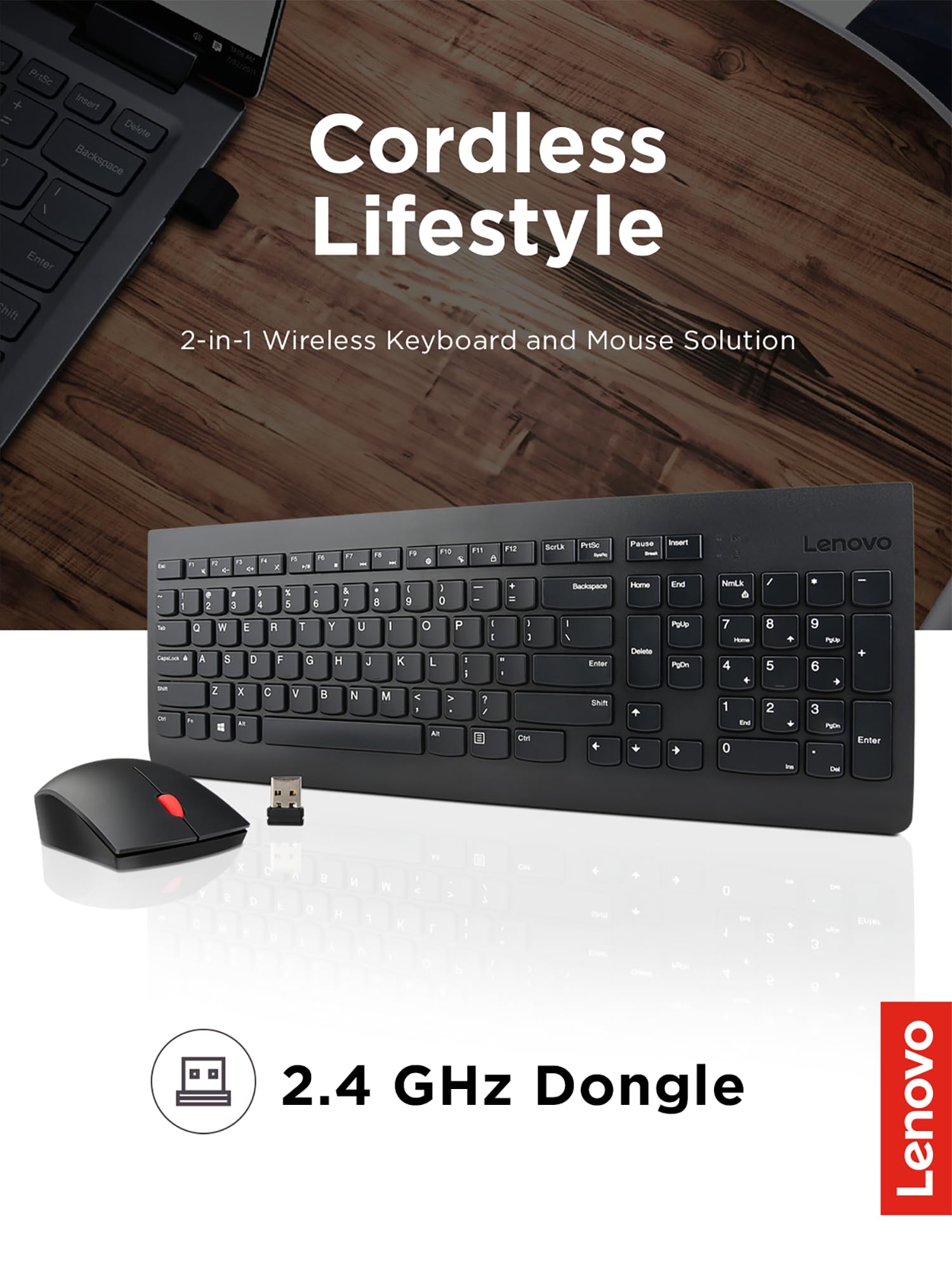 Lenovo 510 Wireless Keyboard & Mouse Combo, 2.4 GHz Nano USB Receiver, Full Size, Island Key Design, Left or Right Hand, 1200 DPI Optical Mouse, GX30N81775, Black