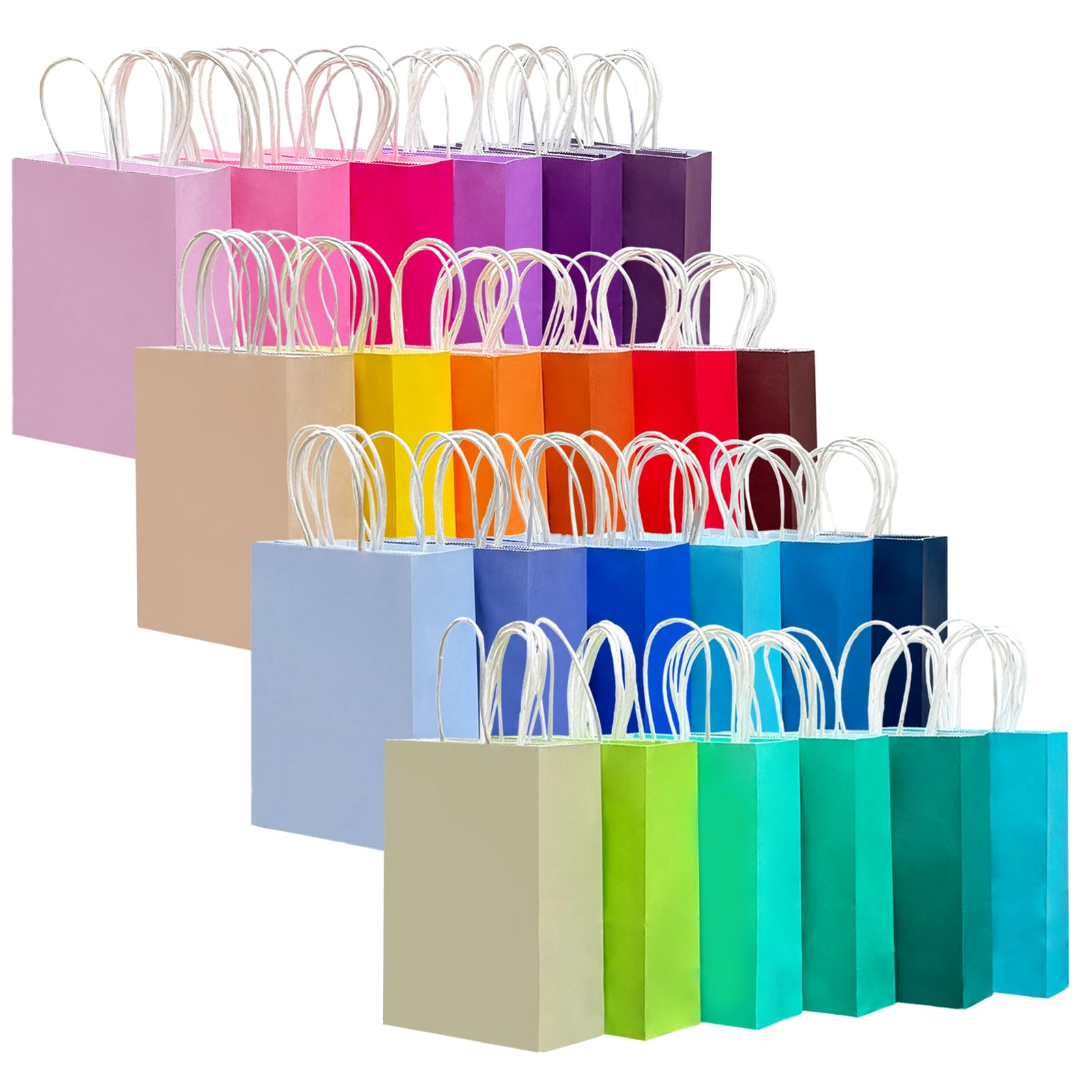 qiqee 48PCS Small Gift Bag with Handles Bulk 24 Colors Paper Party Bags 8.3"x6"x3" Multiple Uses (Small Size)