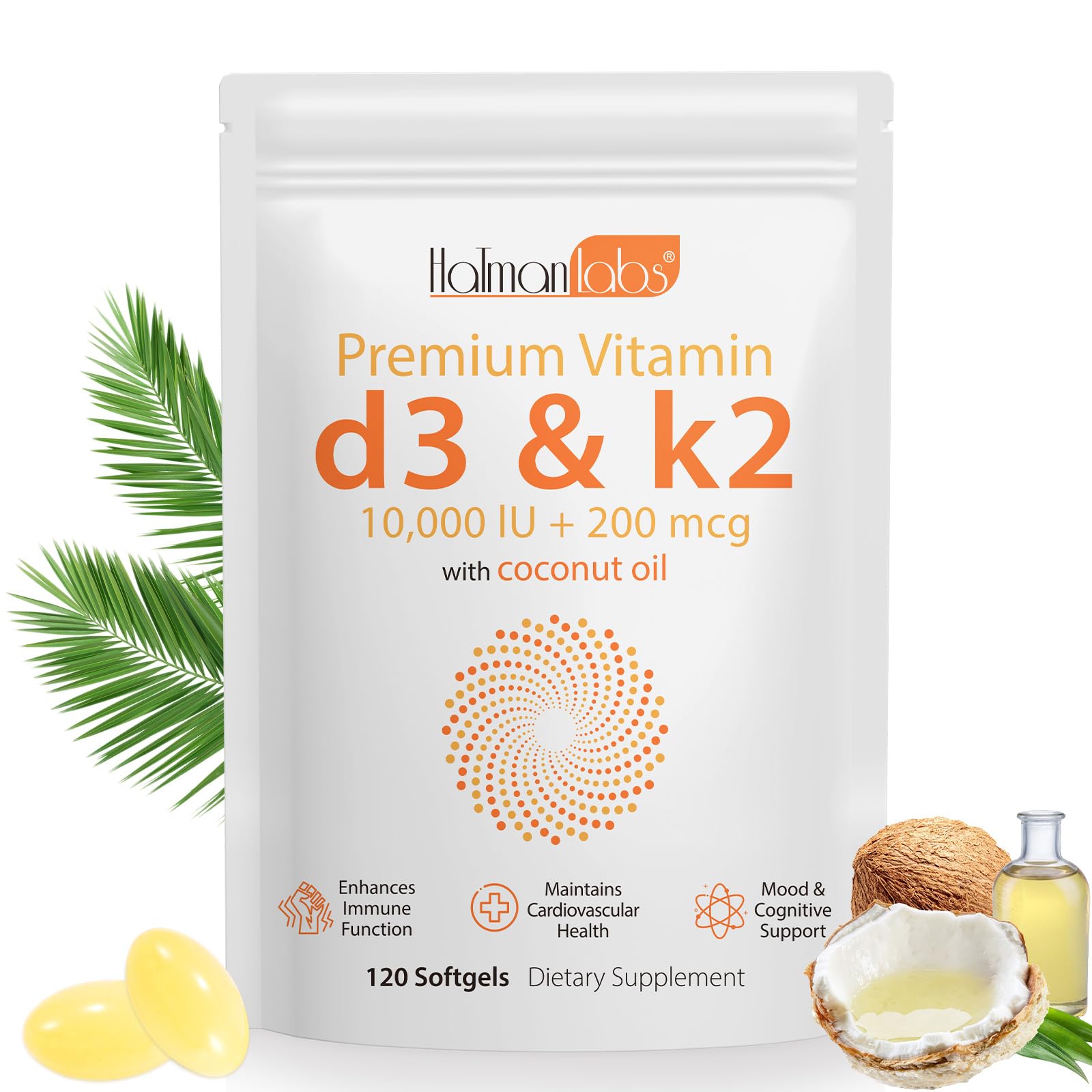 MXCZBSM Vitamin D3 K2 Supplement Softgel, Vitamin D3 K2 Softgel with 10000 IU Supports Immune, Heart, Teeth & Bone Health, Free of GMO, Gluten, Soy