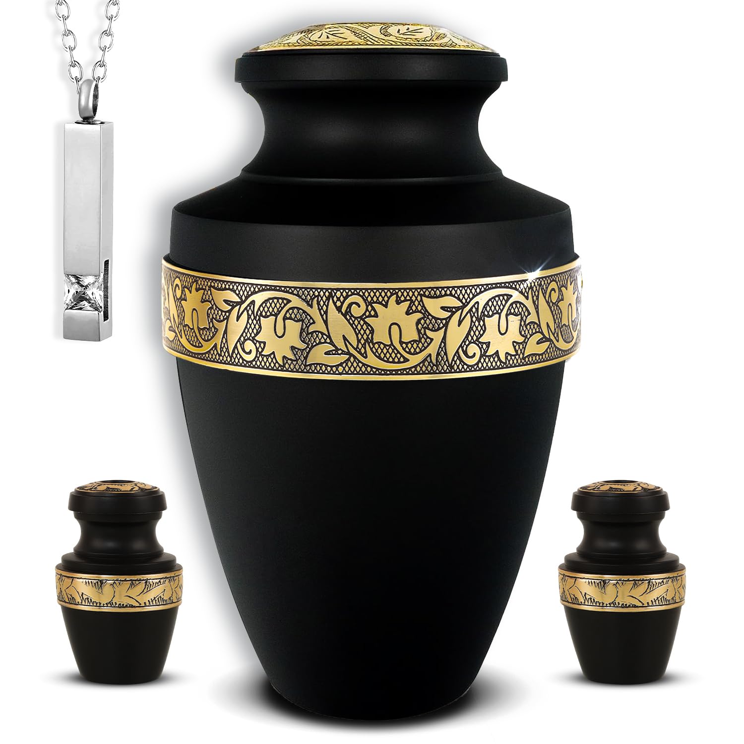 AmericUrn Set of 4 Funeral & Cremation Urn for Ashes Adult Male & Female with 1 Large Grecian Black Decorative Urn for Human Ashes Adult Man 2 Small Keepsakes & 1 NecklaceUrn-Handcrafted in India