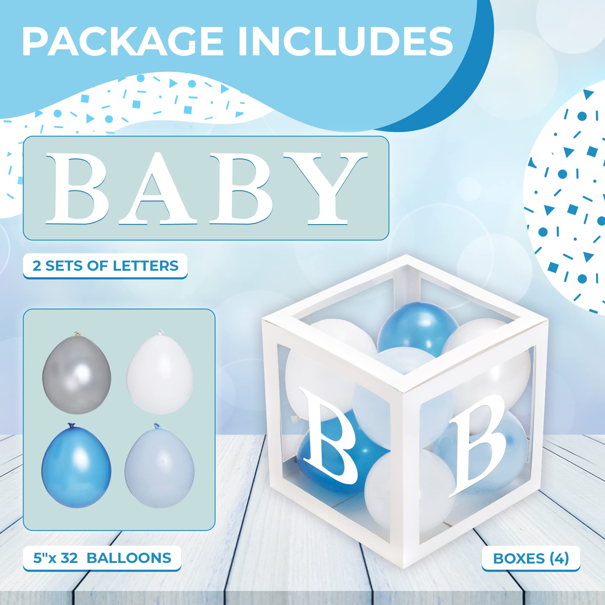 Balloon Garland Arch Kit – 146 Pcs Ultramarine Blue Balloons & Baby Shower Boxes with Letters – White Boxes with Blue, Silver & White Balloons