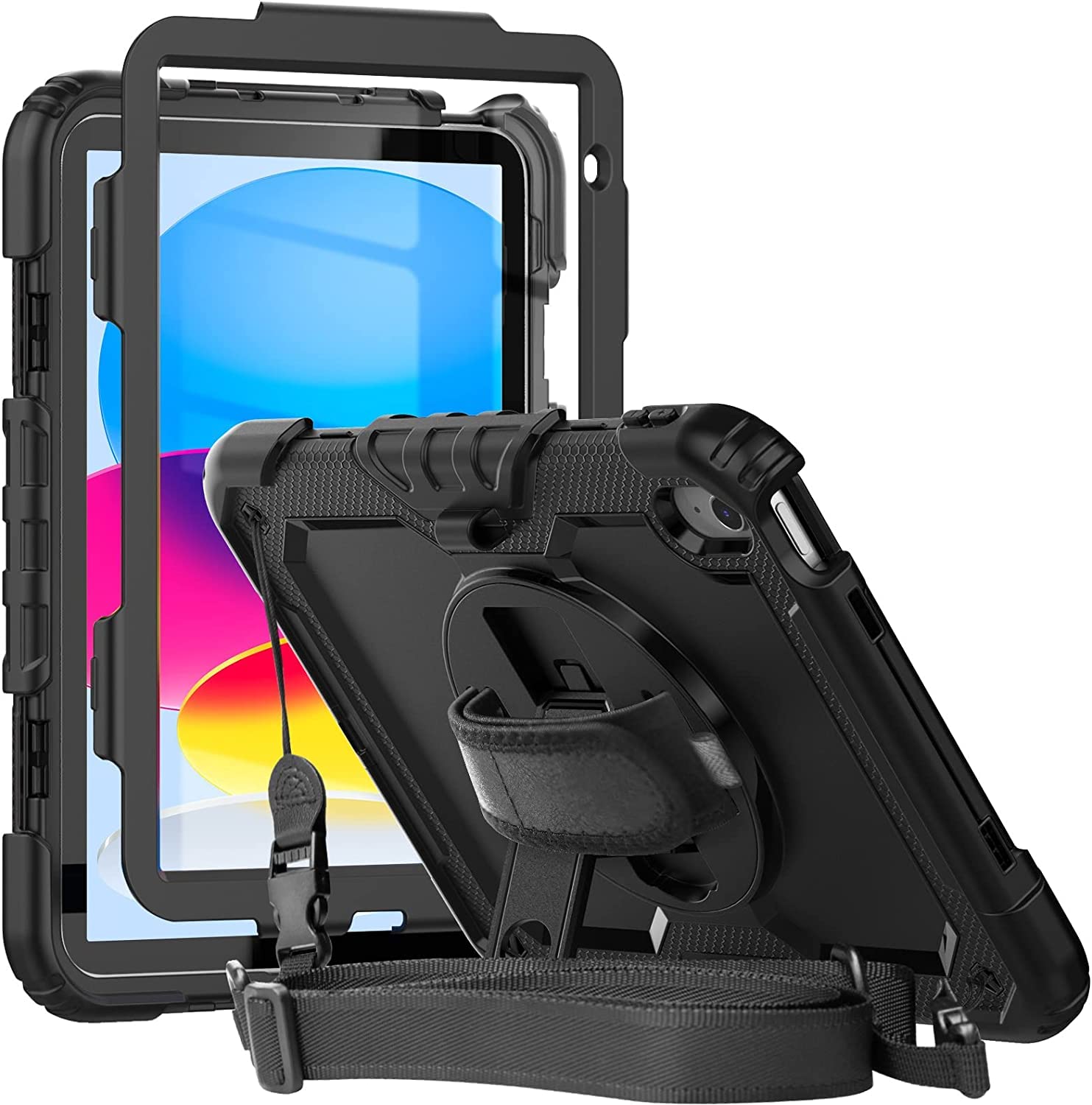 Herize iPad 10th Generation Rugged Protective Case 10.9 Inch with Screen Protector Pen Holder, Handle Shoulder Strap | iPad 10 Case A2757/A2777| Heavy Duty Shockproof | Black