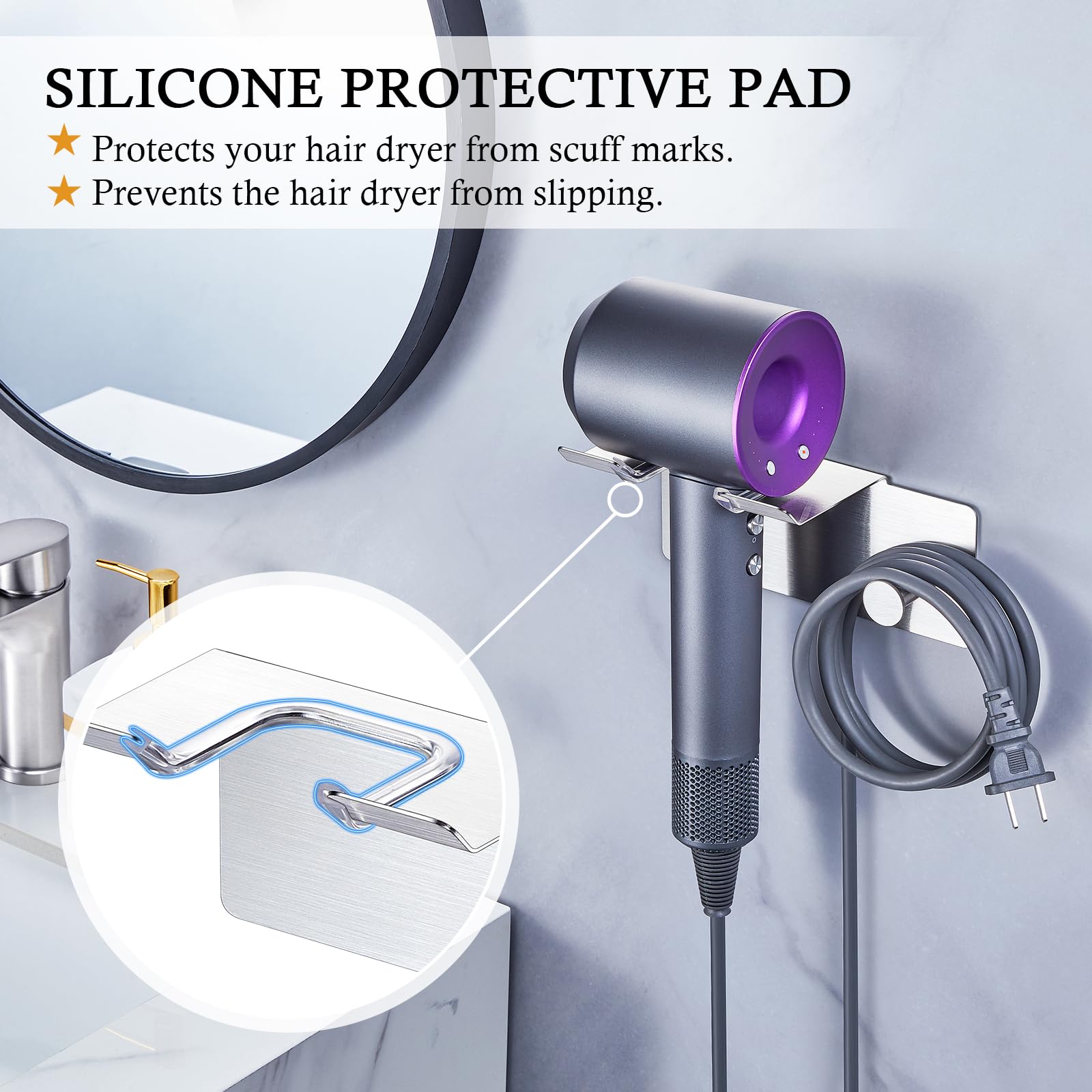 Hair Dryer Holder Wall Mounted, Blow Dryer Holder, Adhesive Hairdryer Holder for Bathroom, Hair Tool Organizer for Blowdryer Storage, Stainless Steel Hairdryer Organizer Blow Dryer Wall Hanger Stand
