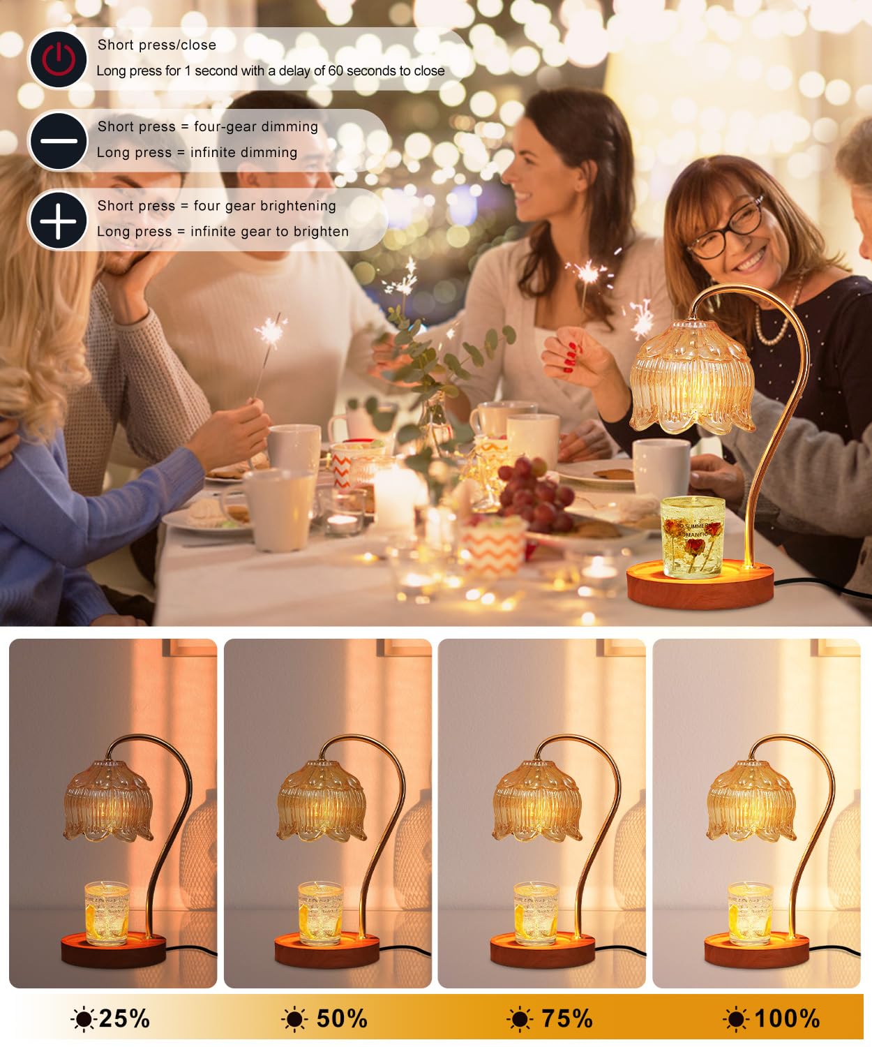 Candle Warmer Lamp Dimmable with Timer- Mothers's Day Gifts for Mom, House Warming Gifts, Fragrance Flower Candle Lamp Warmer with 2 * 50W Bulbs, Wax Melter Warmer Lamps for Jar Candle