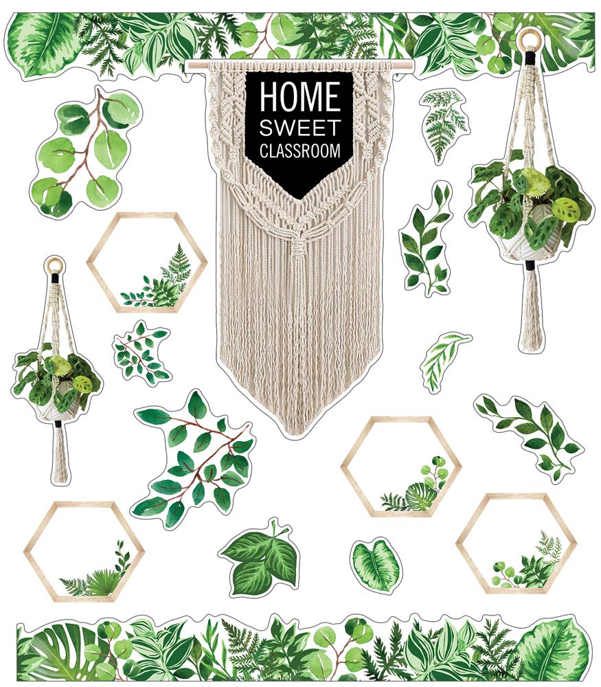 Schoolgirl Style Simply Boho Bulletin Board Set—Home Sweet Classroom Macrame Header, Leaf Border Trims, Hanging Planters, Assorted Leaves, Hexagon Cutouts (58 pc)