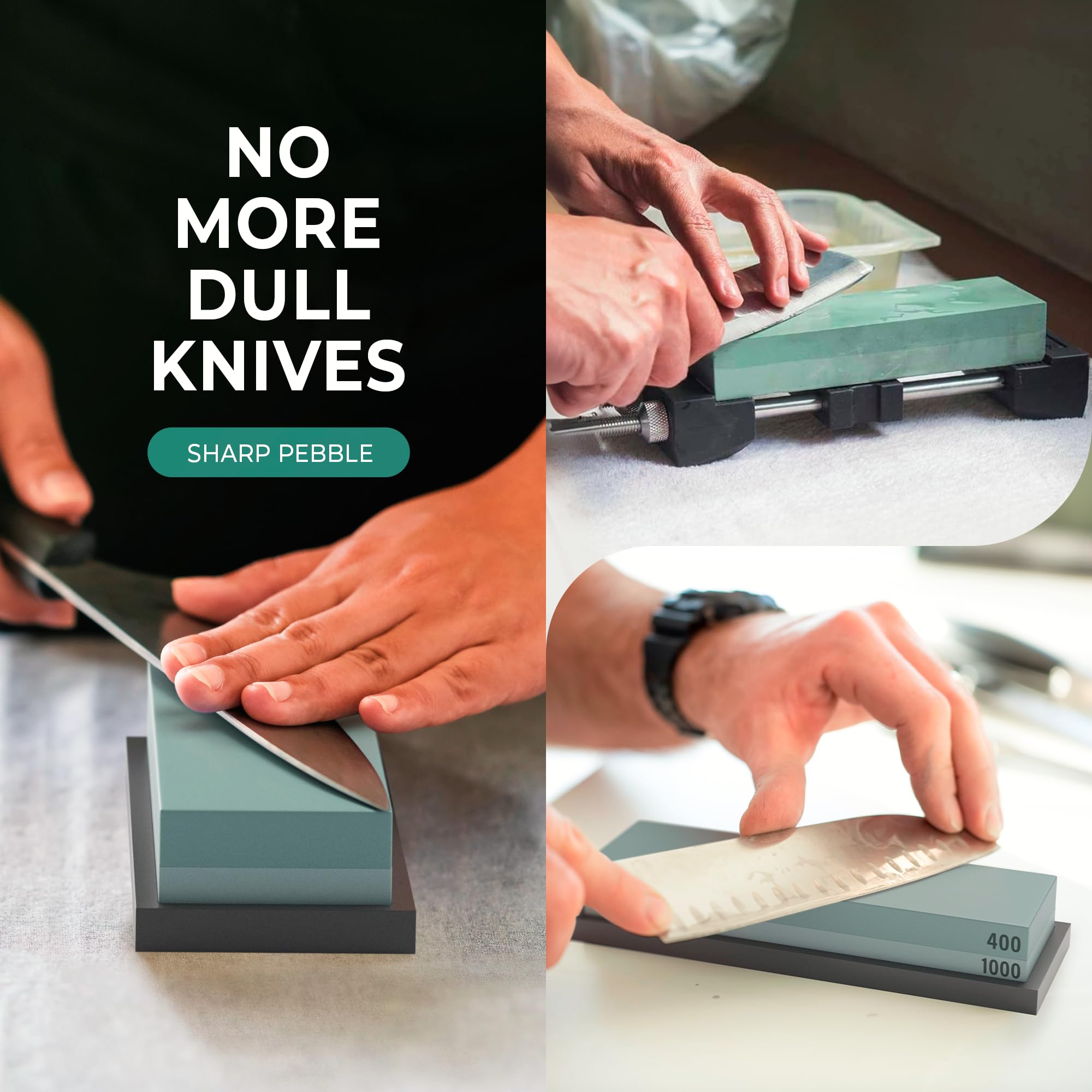 Sharp Pebble Premium Whetstone Knife Sharpening Stone 2 Side Grit 400/1000 Wetstone Kit -Wet Stone Kitchen Knife Sharpener with Flattening Stone & NonSlip Rubber Base