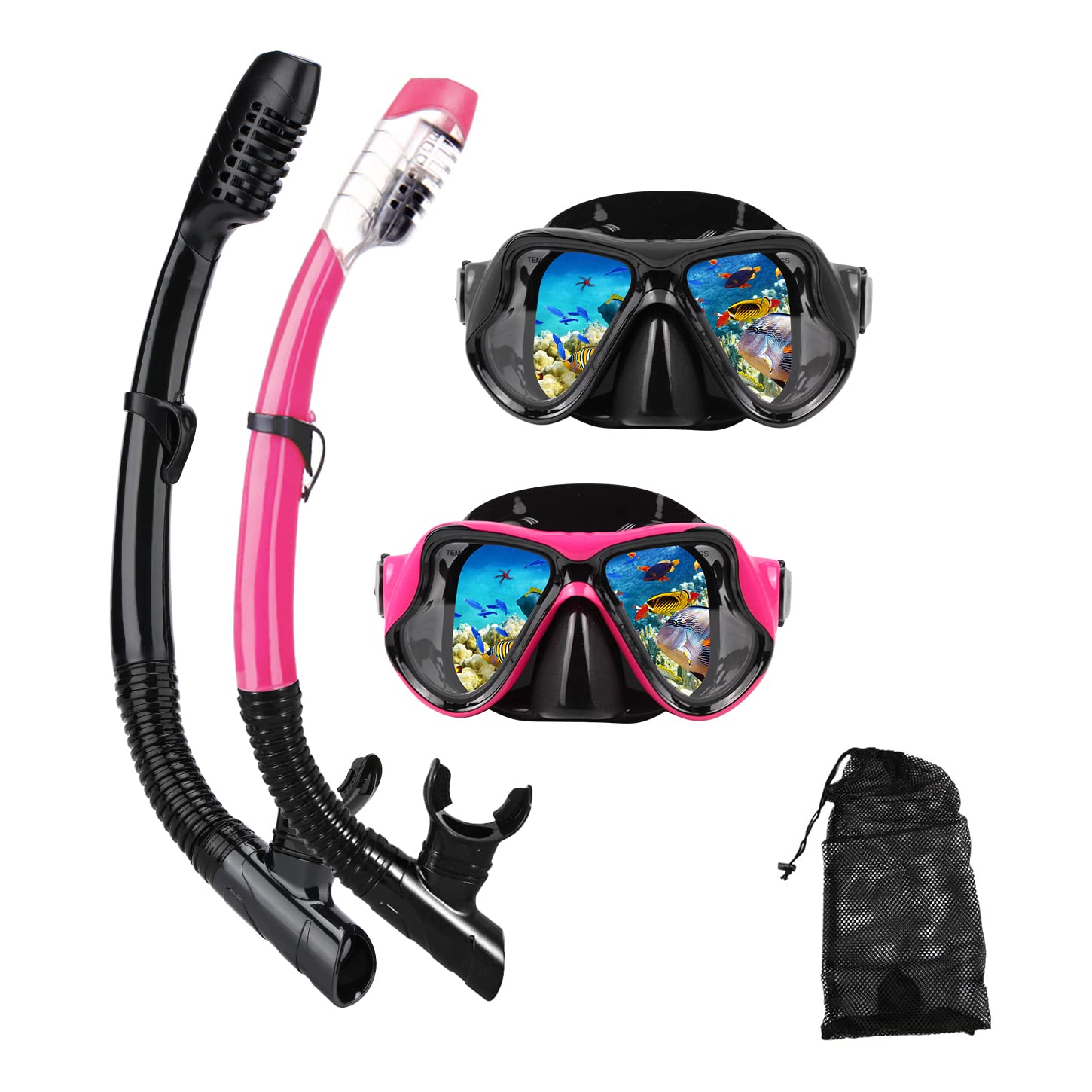 DIPUKI Snorkeling Gear for Adults Snorkel mask Set Scuba Diving mask Dry Snorkel Swimming Glasses Swim Dive mask Nose Cover Youth Diving (Black+Pink（2 Pack）)