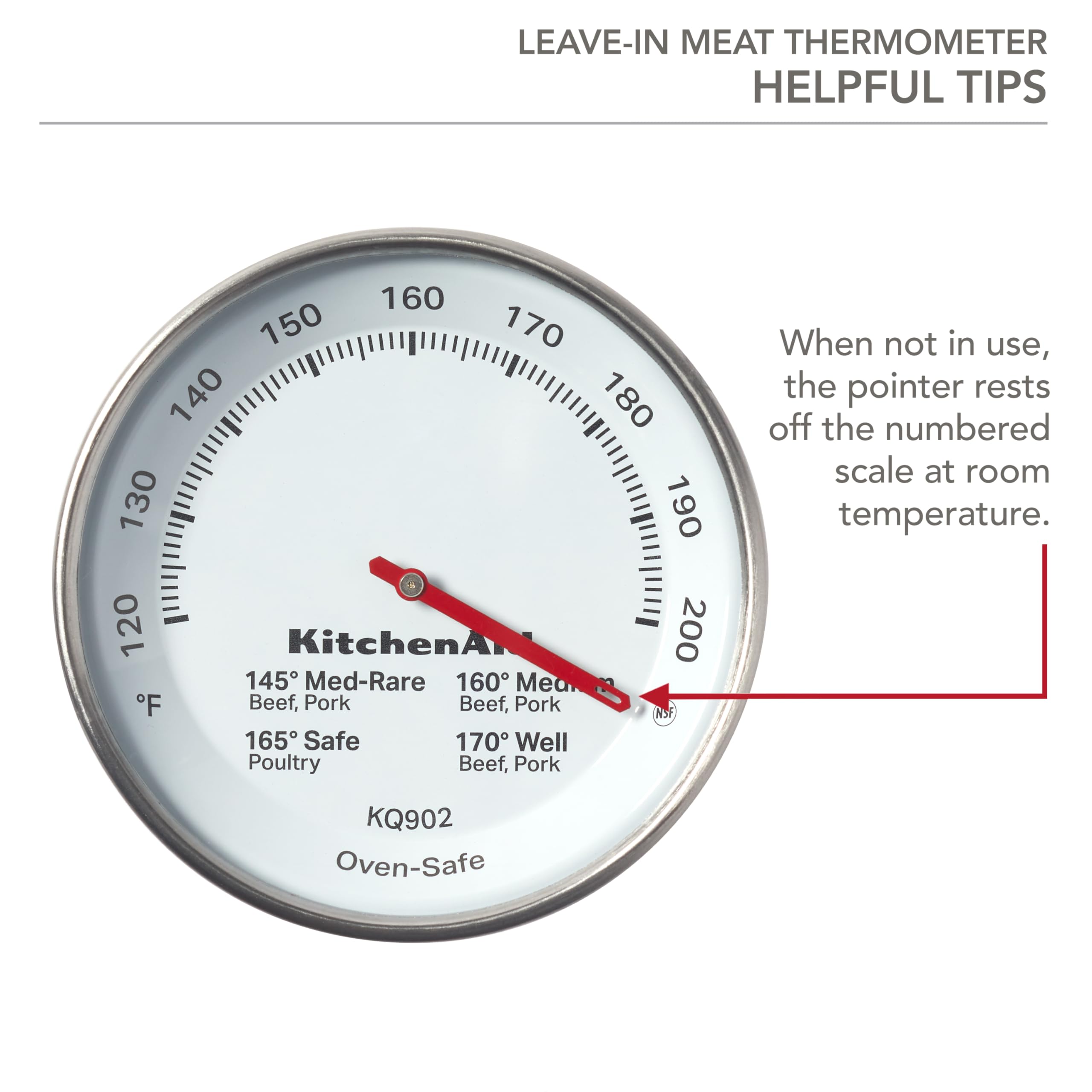 KitchenAid KQ902 Leave-in, Oven/Grill safe Meat Thermometer, TEMPERATURE RANGE: 120F to 200F, Stainless Steel, Analog