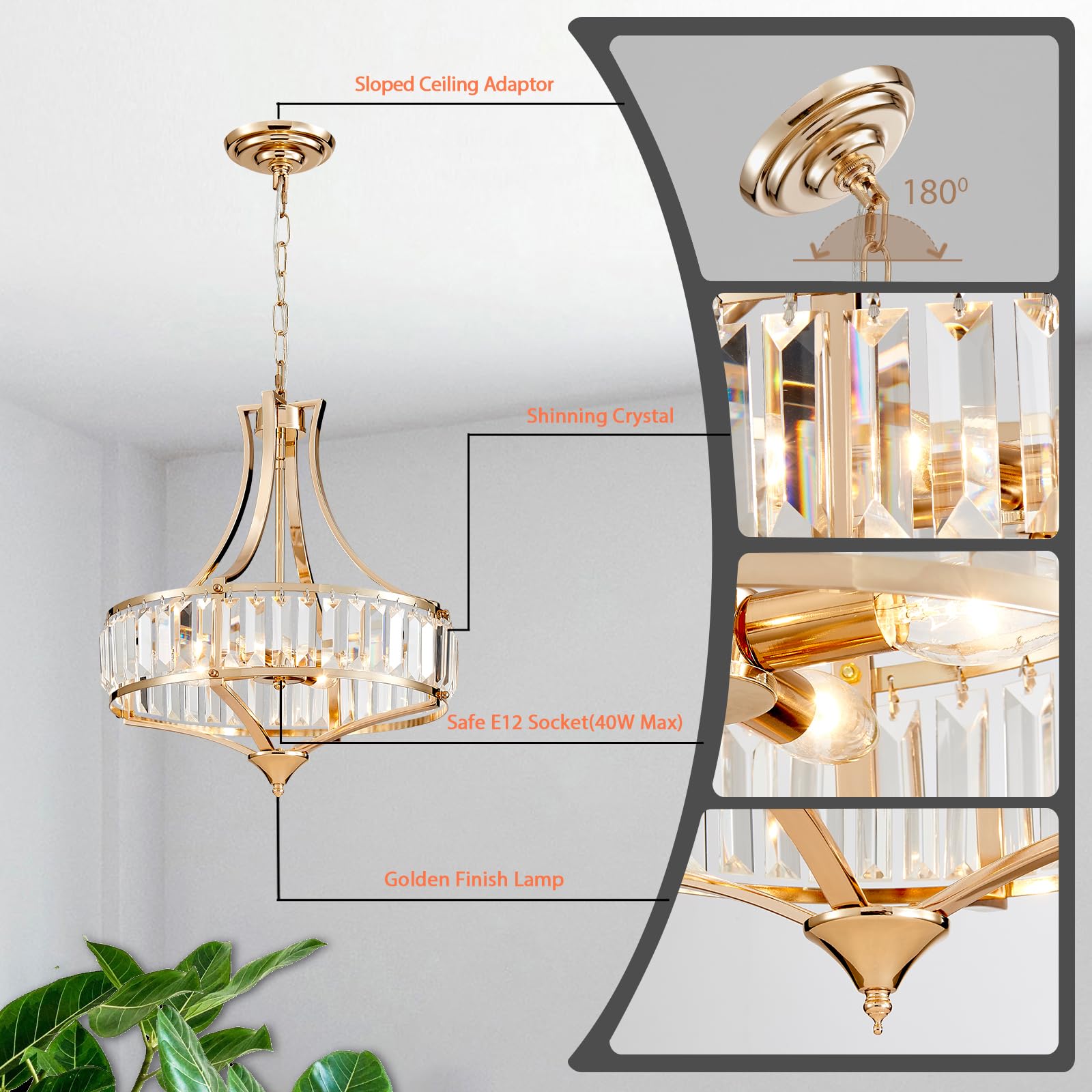 Majhoiw Chandeliers for Dining Room Modern Farmhouse Chandelier, 4-Light Crystal Chandeliers, Rustic Chandelier with Round Metal Lampshade, Perfect for Hallway Bedroom Foyer, Brush French Glod