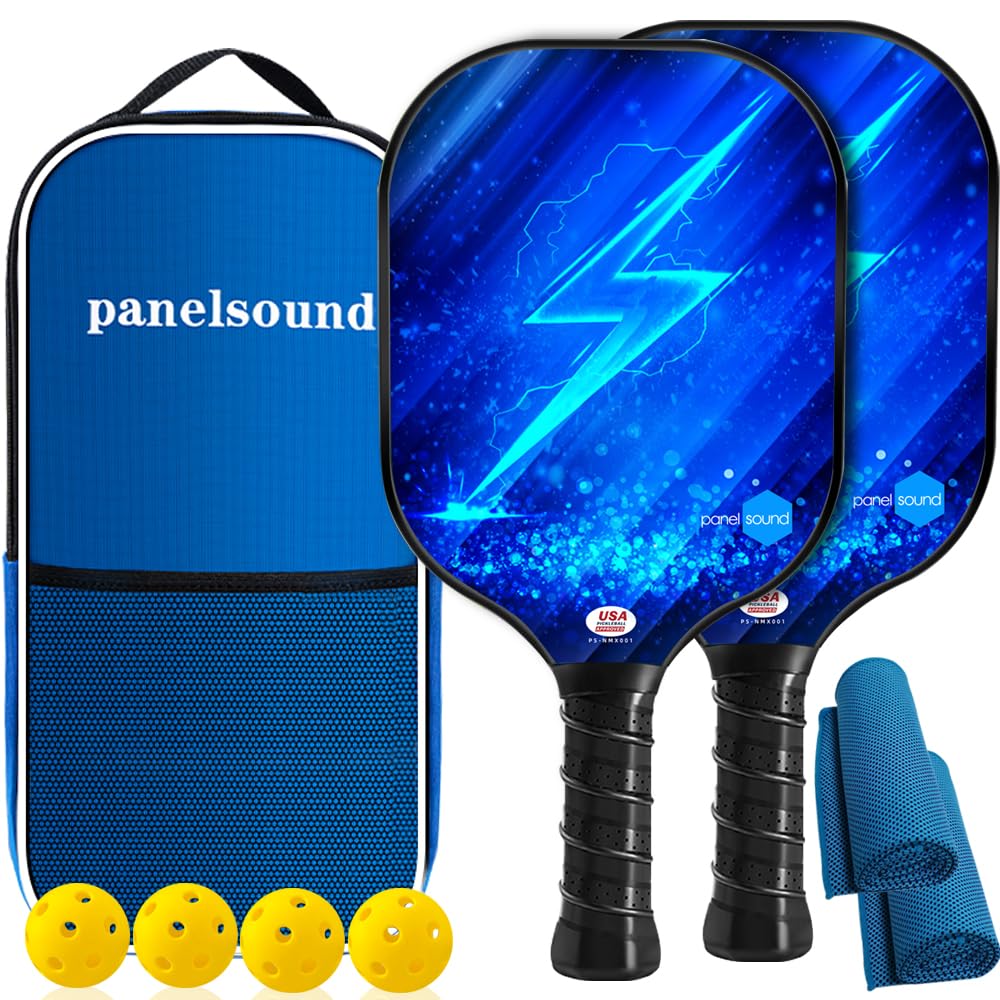 Panel Sound Pickleball Paddles Set of 2 USAPA Approved, Fiberglass Pickleball Rackets with 1 Carrying Case, 2 Cooling Towels & 4 Indoor Balls