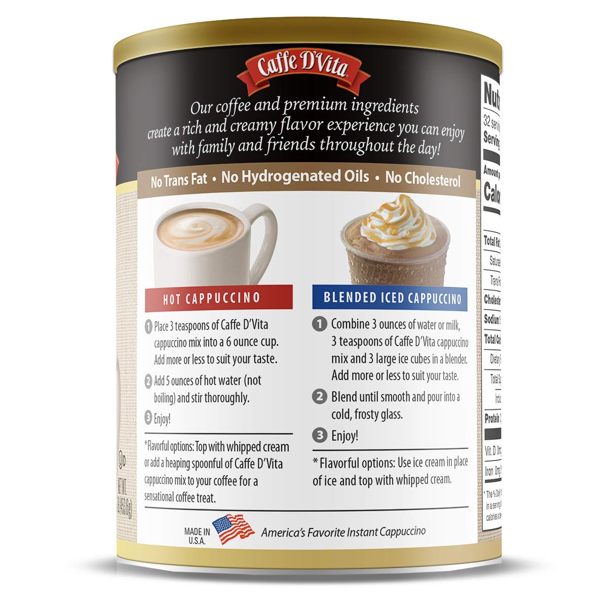 Caffe D’Vita Mocha Cappuccino Mix - Mocha Powder Mix, Instant Cappuccino Mix, Gluten Free, No Cholesterol, No Hydrogenated Oils, No Trans Fat, 99% Caffeine Free, Mocha Mix - 16 Oz Can, 6-Pack