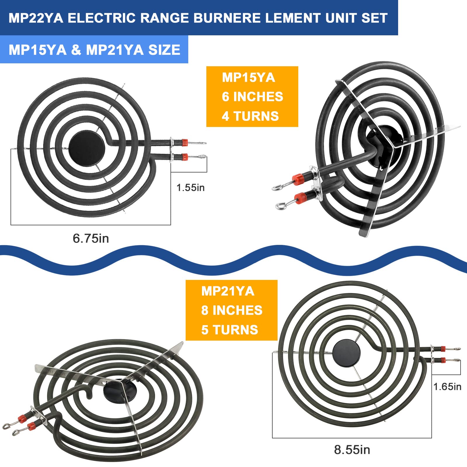 5304430149 5304430150 Porcelain Black Drip Pans Set & MP22YA Electric Range Burner Element Unit Set Compatible with Frigi-daire Ken-more Range Oven/Stove Replaces 318067041 318067051 by Fetechmate