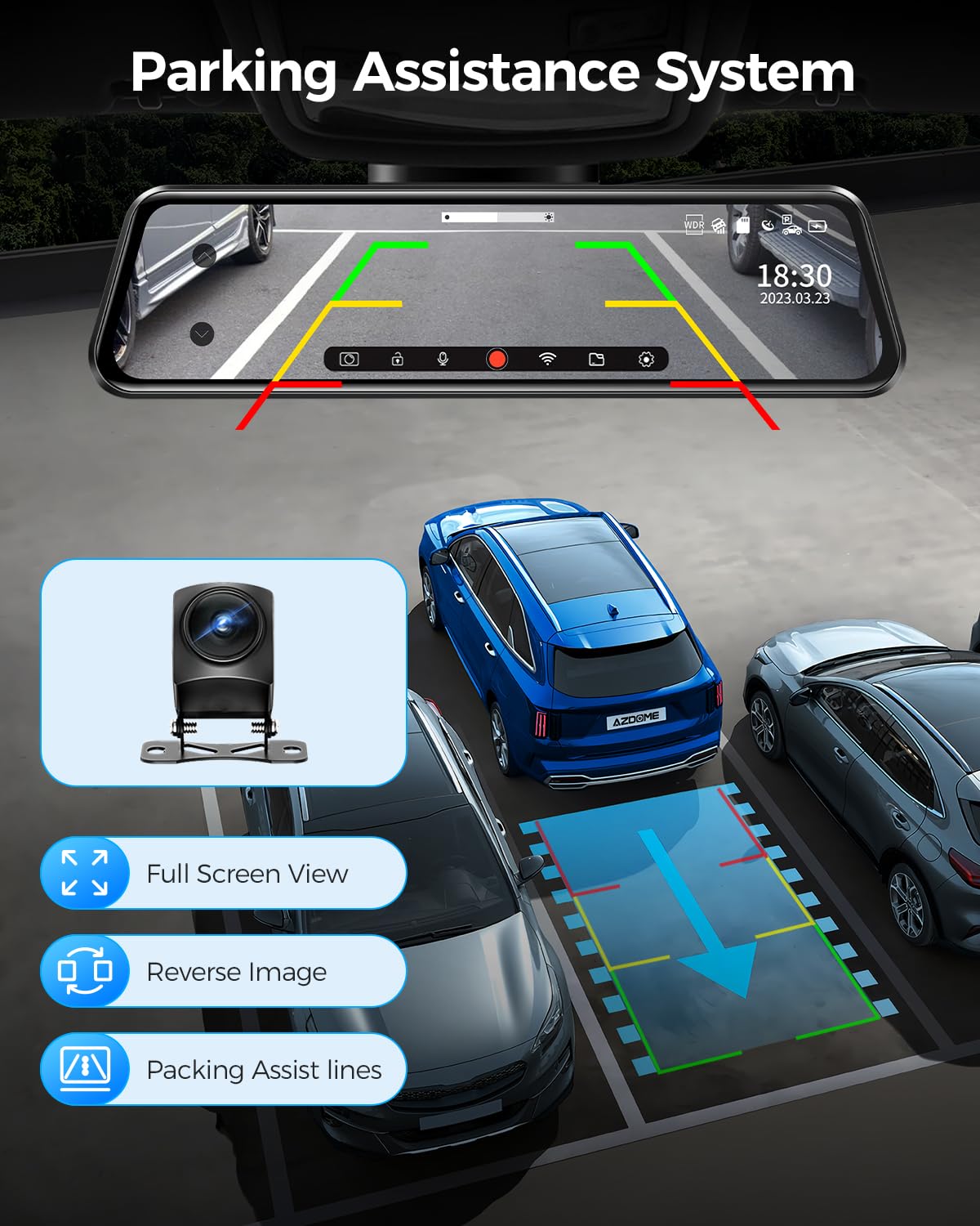 AZDOME PG17 WiFi Rear View Mirror Camera, 12" Mirror Dash Cam, Dual Camera 2.5K Front and 1080P Rear Camera for Car, Free 64GB TF Card, Waterproof Backup Camera Night Vision, Parking Assistance GPS