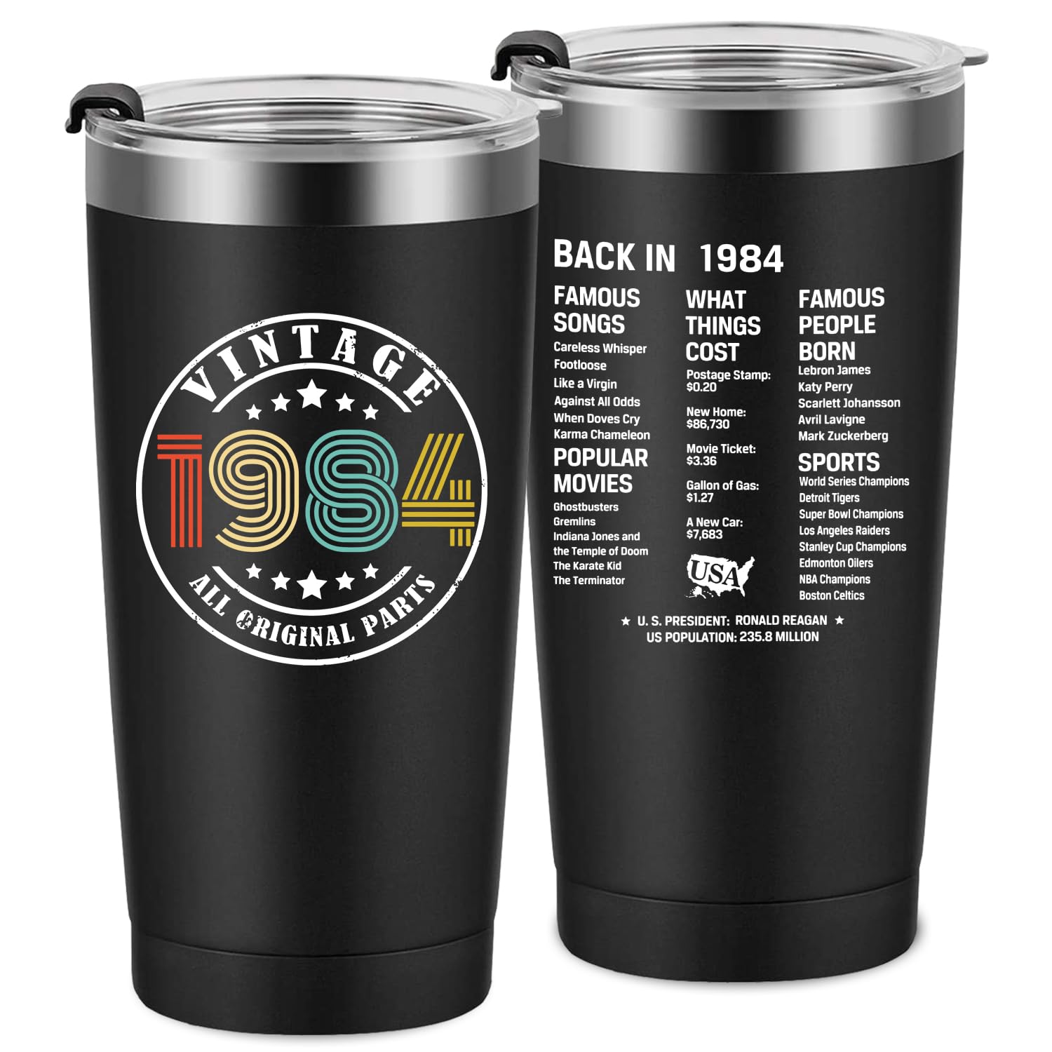 40th Birthday Gifts for Men Women Friends, Tumbler 20 oz Stainless Steel Vacuum Insulated Tumblers, Double Sided Printed Birthday Thermos cup, Back in 1984 Old Time Information - Black