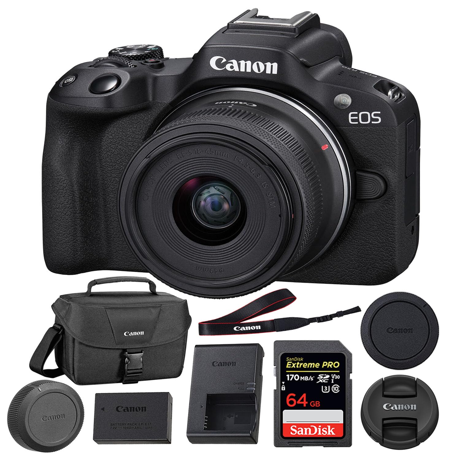 Canon EOS R50 Mirrorless Camera with 18-45mm Lens (Black) Bundle with 64GB Extreme PRO UHS-I SDXC Memory Card + Canon 200ES EOS Shoulder Bag (3 Items)