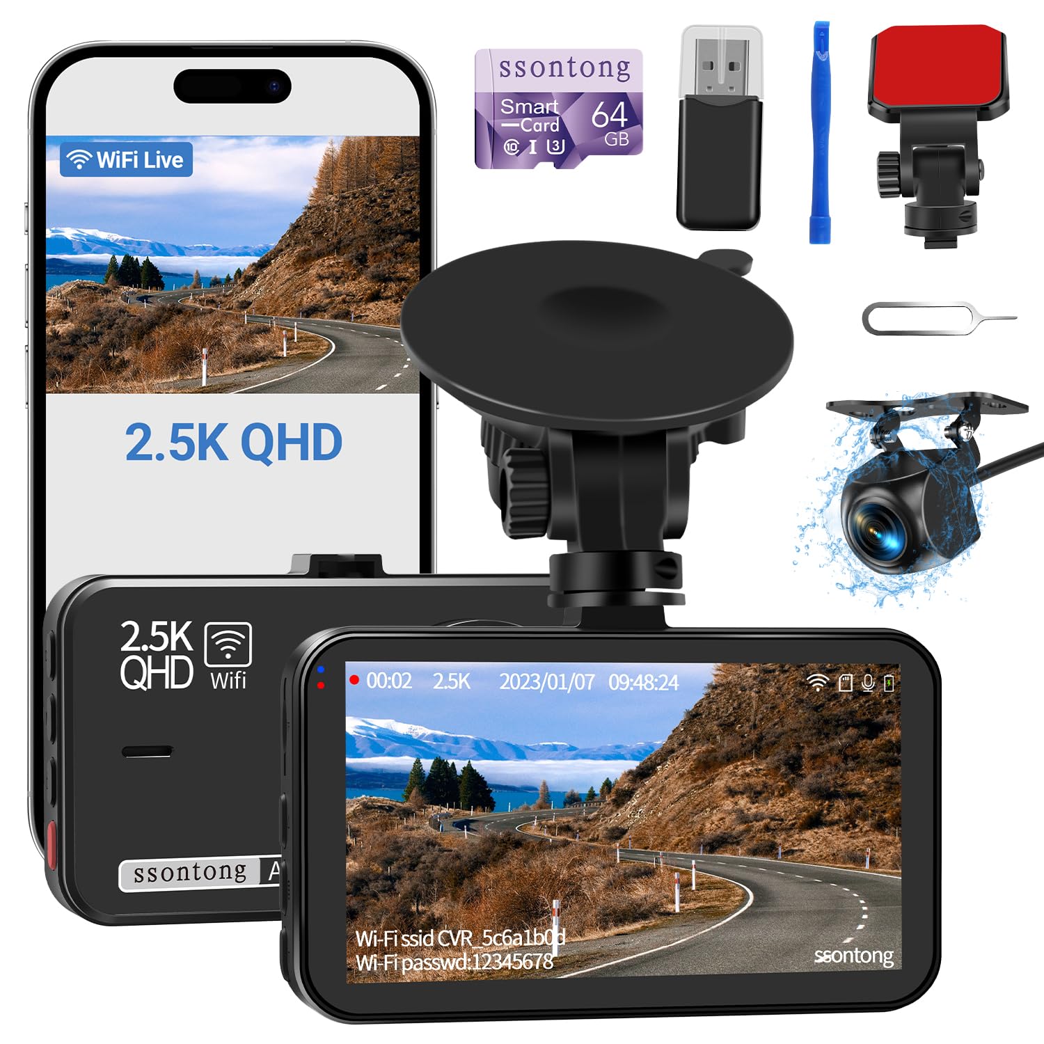 Dash Cam Front and Rear, Dash Camera for Cars WiFi/APP Control Dual Dashcam W/ 64GB Card, 2.5K Dash Cam Front+1080P Rear Car Camera W/Super Night Vision, Loop Recording, G-Sensor, Max Support 256GB