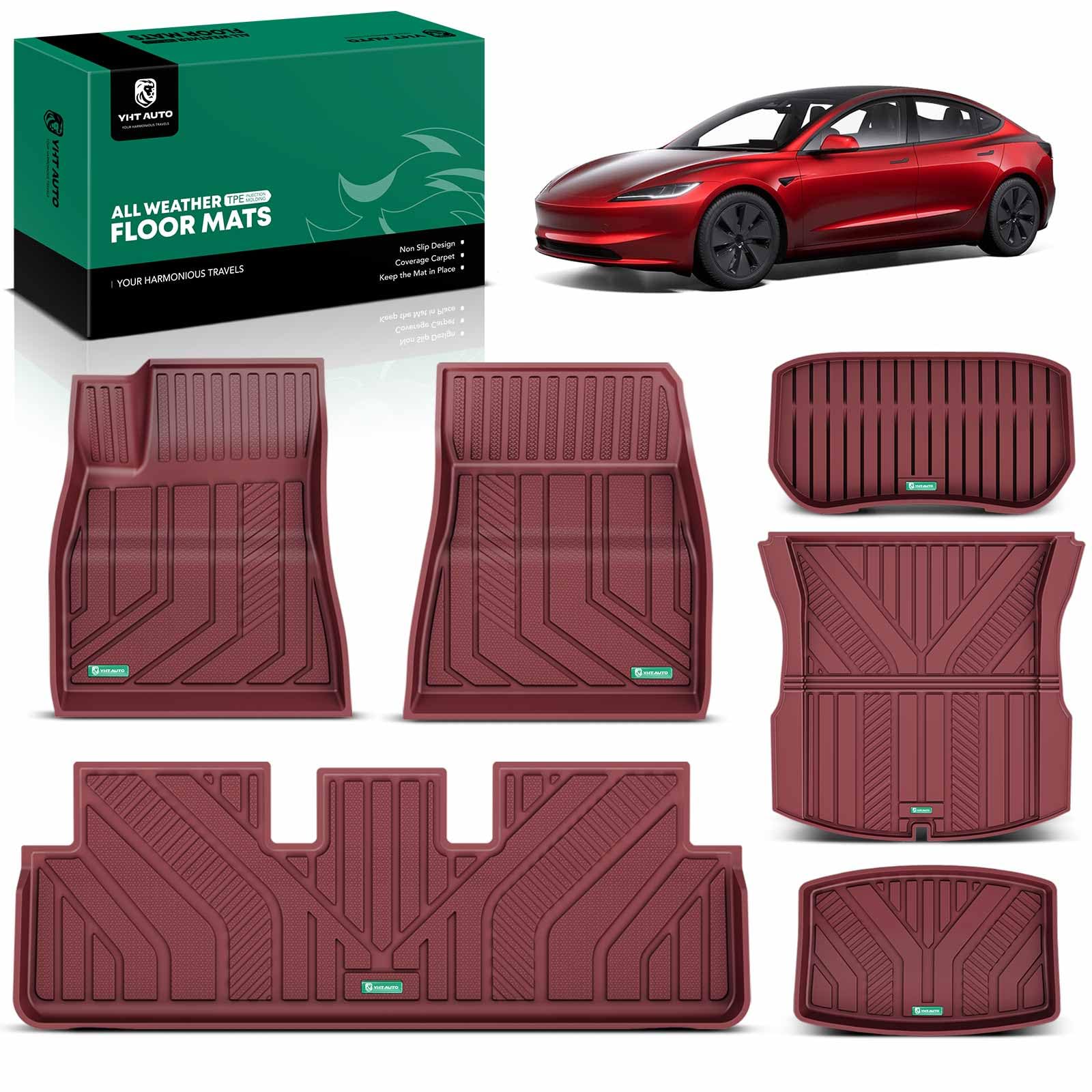 YHTAUTO Custom Fit Red Car Floor Mats for 2024 Tesla Model 3 Highland, All Weather TPE Car Mats Carpet, Front Rear Trunk Cargo Liner, Rear Storage Liner Mats, Anti-Slip Waterproof Orderless, Set of 6