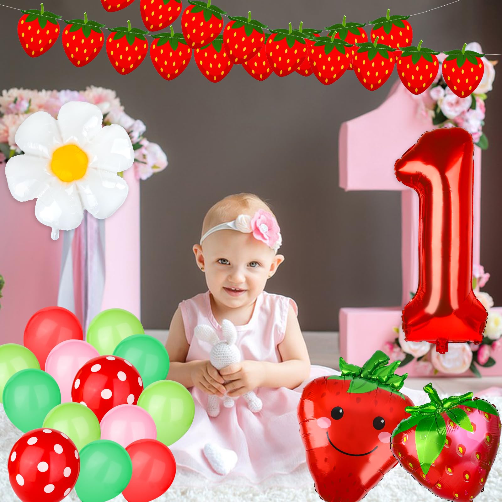 YFDFFSDCY 25 Pcs Berry First Party Decor Strawberry 1st Birthday Decorations Strawberry Hanging Banner Berry Balloons Strawberry First Baby Shower Decorations for Girls