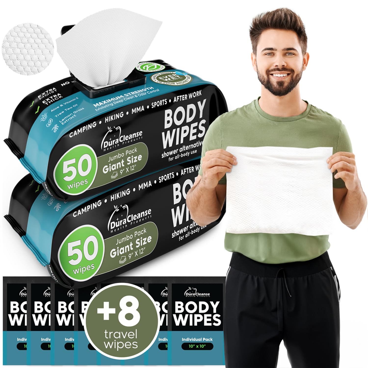 Body Wipes for Men (2pk) - 100 XL No Rinse Shower Wipes + 8 Travel Bath Wipes - 9"x12" After Gym Wipes - Mens Deodorant Wipes - Face Wipes for Men -For Camping Essentials, Survival Gear and Supplies