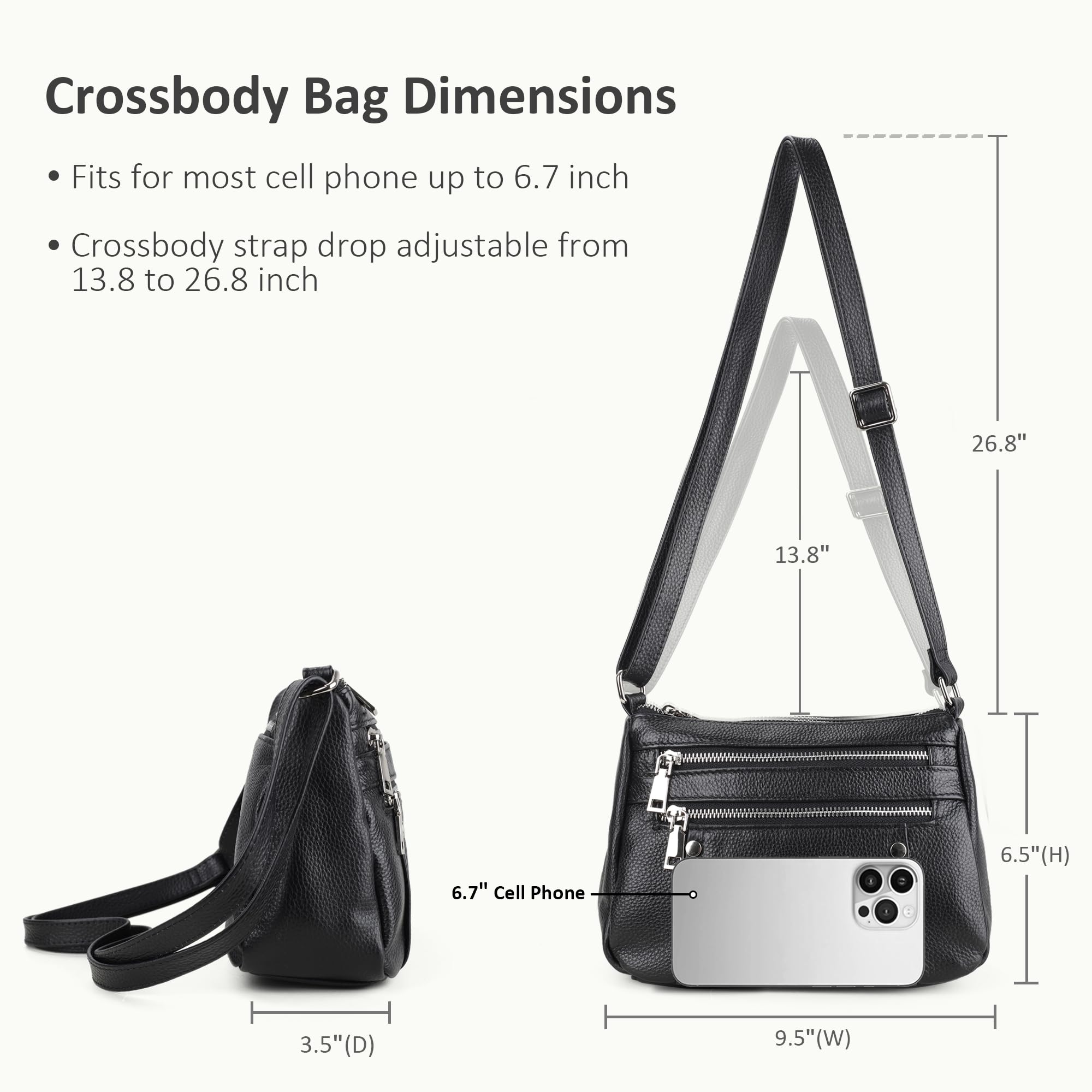 befen Black Genuine Leather Small Crossbody Bags Purses for Women Pocketbooks Shoulder Purse Satchel Bag with Multi Zipper Pockets