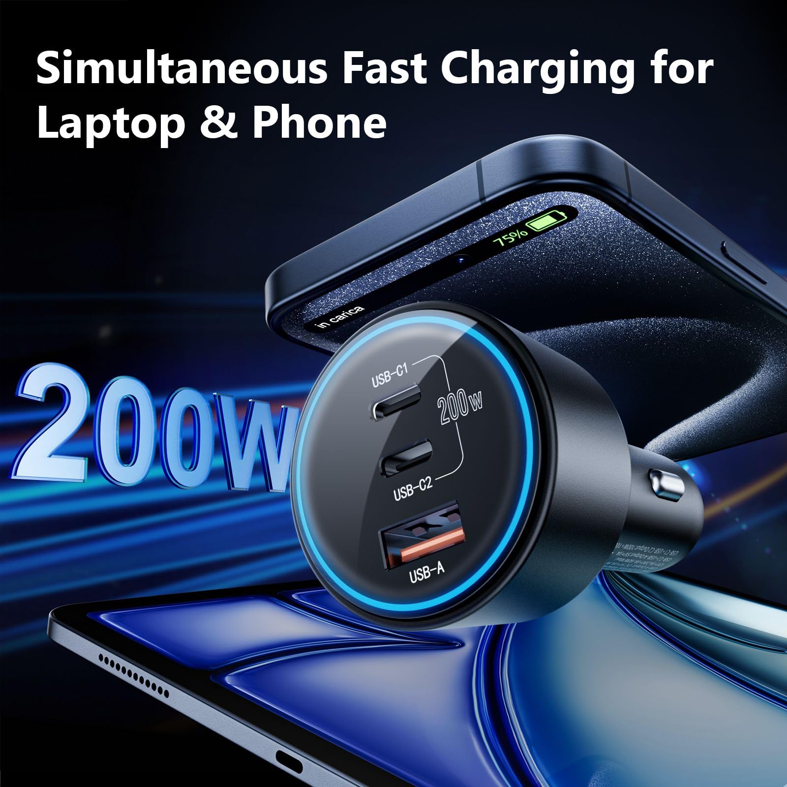 USB C Car Charger Fast Charging 200W, Dual PD 100W Type C Car Charger, PD3.0/QC4.0/PPS Cigarette Lighter Adapter for Phone 15/14/13/12, Galaxy S22/S21 Ultra, MacBook, Laptop etc