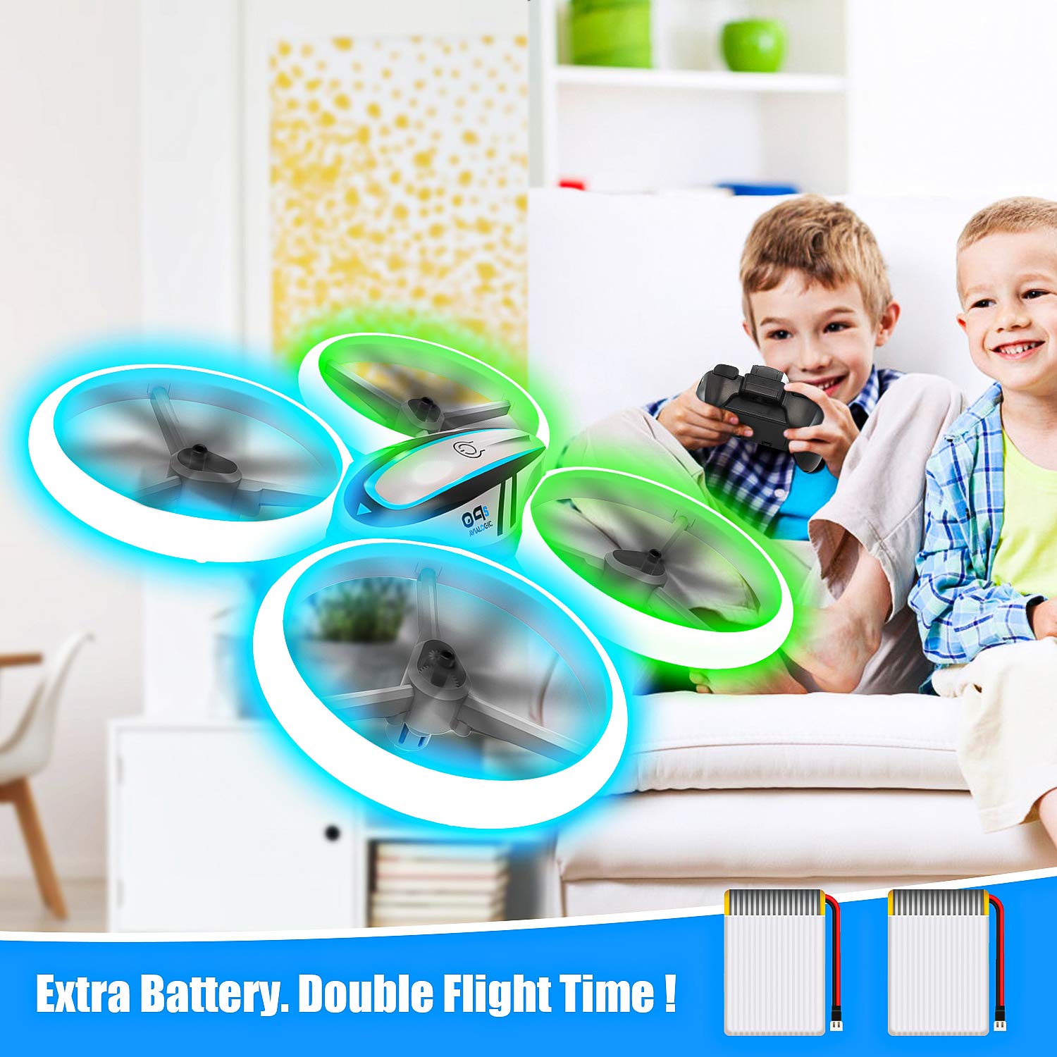 Q9s Drones for Kids,RC Drone with Altitude Hold and Headless Mode,Quadcopter with Blue&Green Light,Propeller Full Protect,2 Batteries and Remote Control,Easy to fly Kids Gifts Toys for Boys and Girls