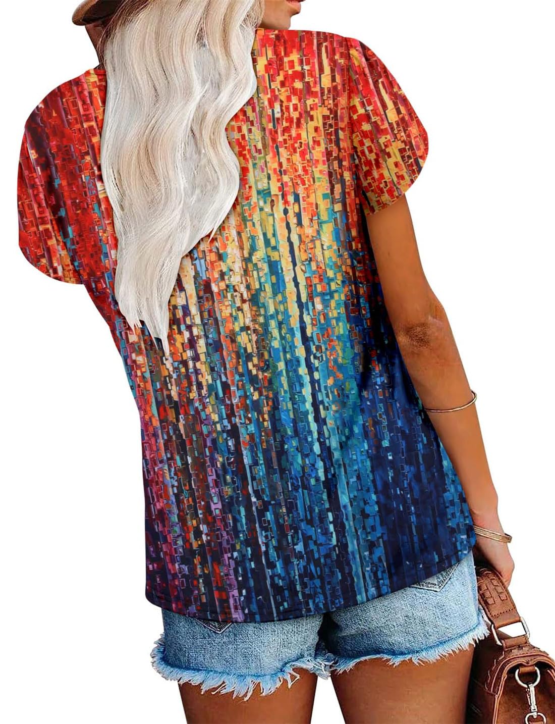 onlypuff Summer Tops for Women 2024 V Neck Short Sleeve Shirts Flattering Boho Tops Flowy Babydoll Tunic Top Blouse Rainbow XXL
