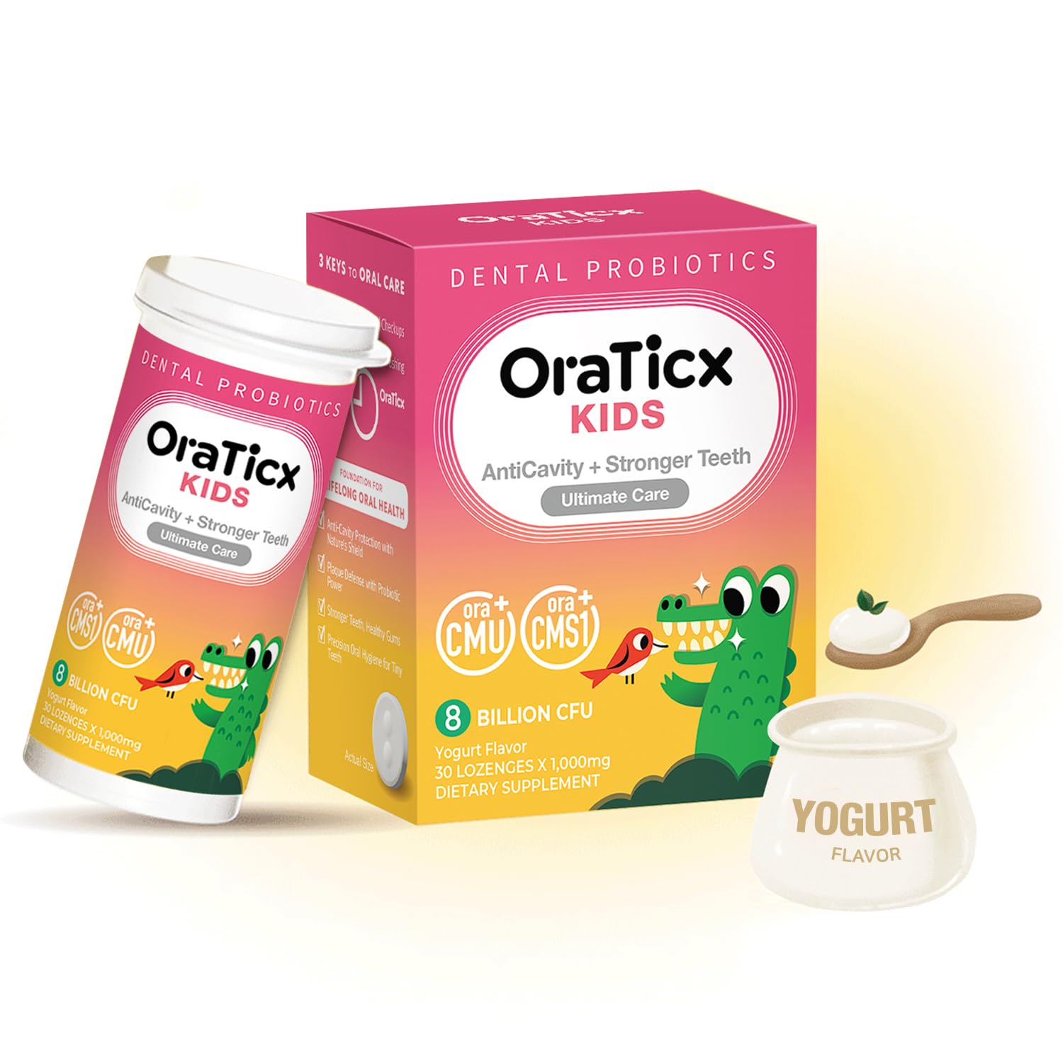OraTicx Kids Dental Probiotics for Anti-Cavity + Healthy Teeth and Gums, 8 Billion CFU Probiotics for Oral Health, Sugar Free Yogurt Flavor 2-Pack
