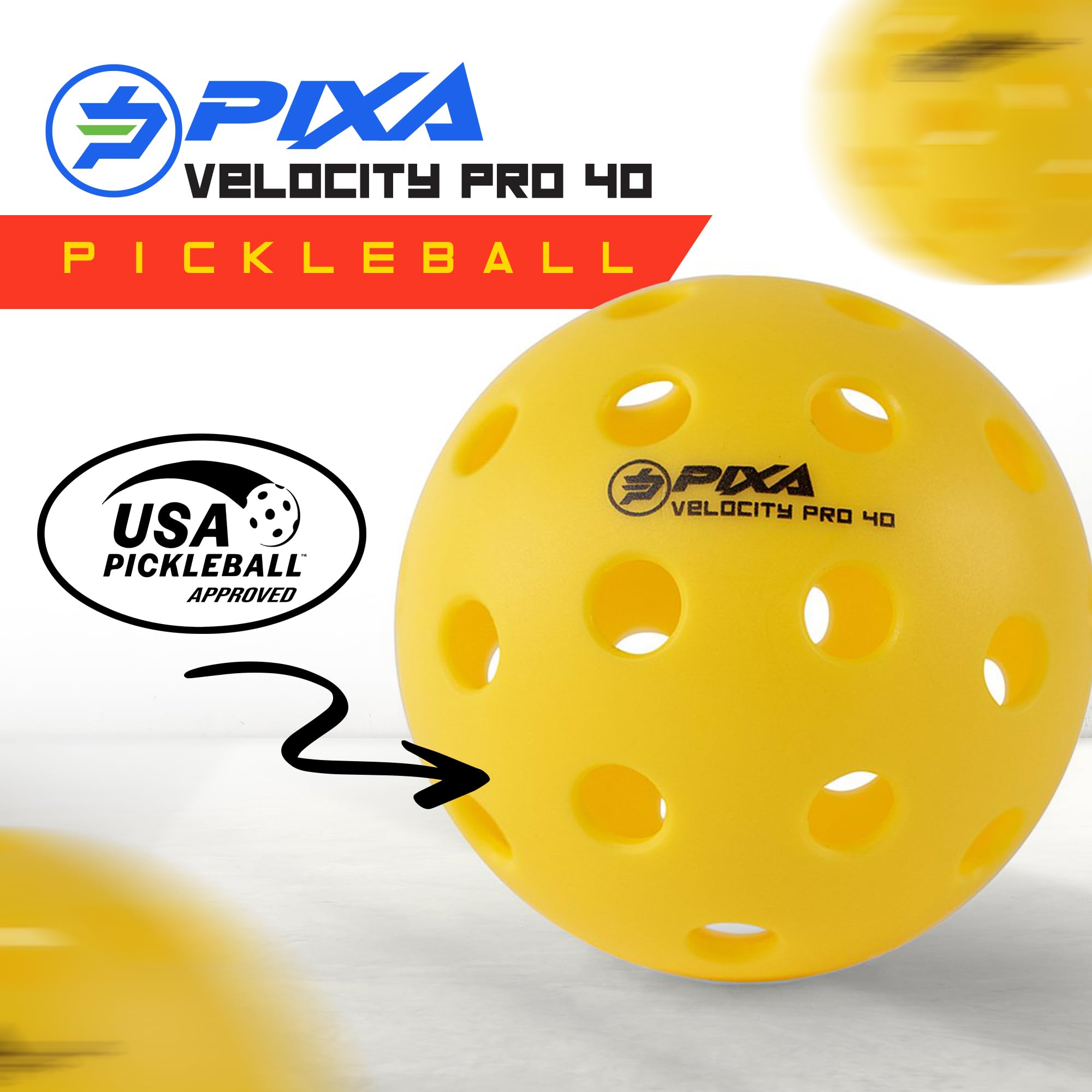 PIXA Velocity Pro 40 Injection Molded Outdoor Pickleball - USAPA Approved, Tournament Play, Durable Outdoor Pickleballs, Consistent Bounce, Smooth Flight, Competitive Play- Bright Yellow, Pack of 3