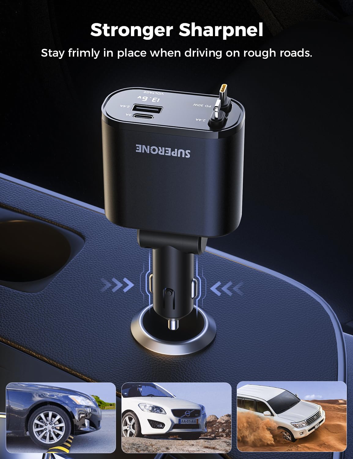 【Upgraded】 SUPERONE Retractable Car Charger 4 in 1, Fast Car Phone Charger with Cord 2.6ft, USB C and Apple Car Charger Adapter, Compatible with iPhone 16 15/15 Pro Max/14/13/12/11, Galaxy, Pixel