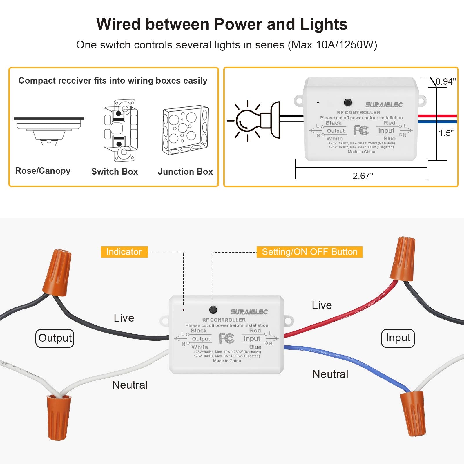 Suraielec 3 Way Wireless Light Switch, No Wiring, No WiFi, 100ft RF Range, Pre-Programmed, Expandable Wireless Wall Switch and Receiver Kit, Remote Control Light Fixture for Lamp, Ceiling Light, Fan