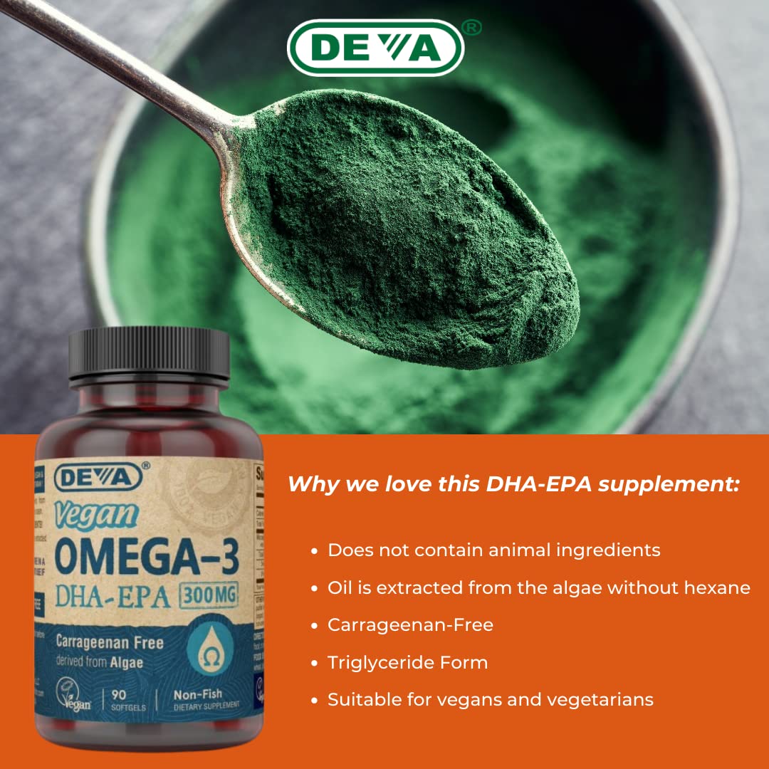 DEVA Vegan Omega-3 DHA EPA Supplement Once-Per-Day Softgel 300 MG - Carrageenan Gelatin & Gluten Free - Non-Fish Algae Oil Fatty Acids - 90 Softgels