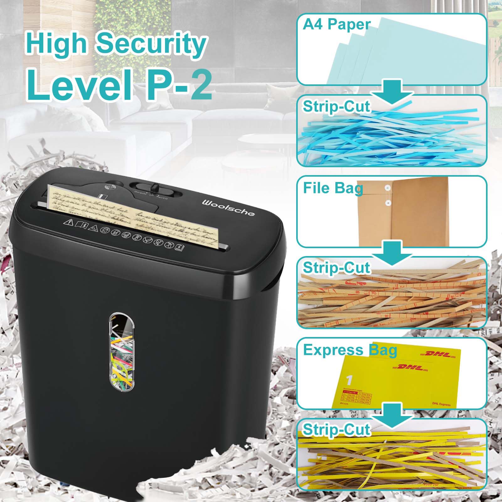 Woolsche Paper Shredder for Home Office, 10-Sheet Strip Cut with 3.17-Gallon Basket, P-2 Security Level, 3-Mode Design Shred CD & Credit Card, Durable&Fast with Jam Proof System (ETL)