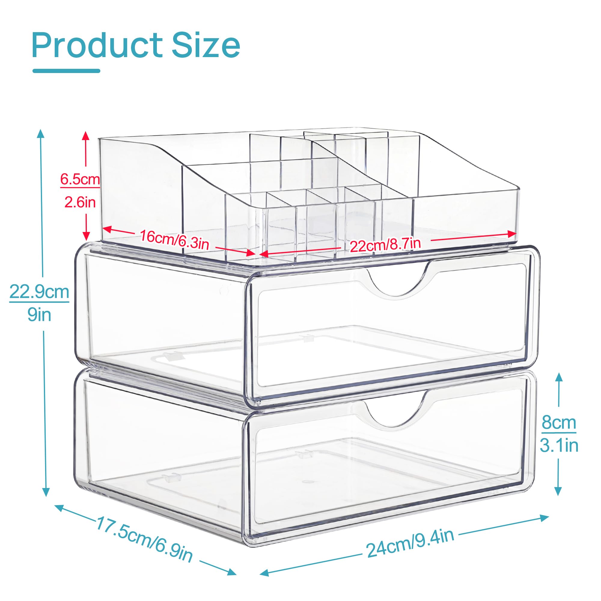 Vtopmart 3 Tier Clear Makeup Organizer with Drawer, Cosmetic Storage for Dresser Countertop and Bathroom Vanity, Beauty Holder for Lipstick Brush Skincare