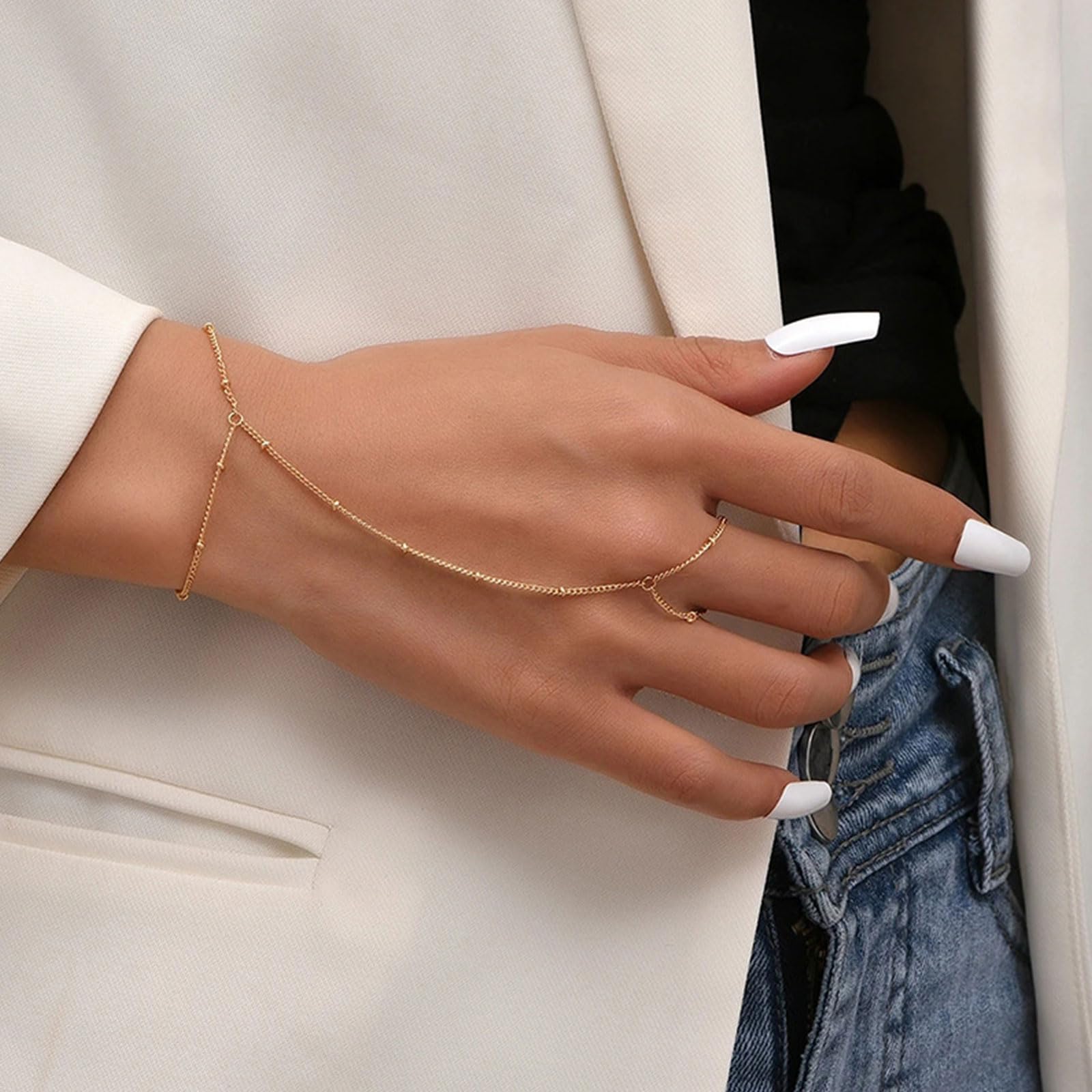 Gold Hand Chain Dainty 14k Gold Bracelets Stack Ring Bracelet Hand Chain Boho Jewelry Set for Women Girls Trendy Gifts