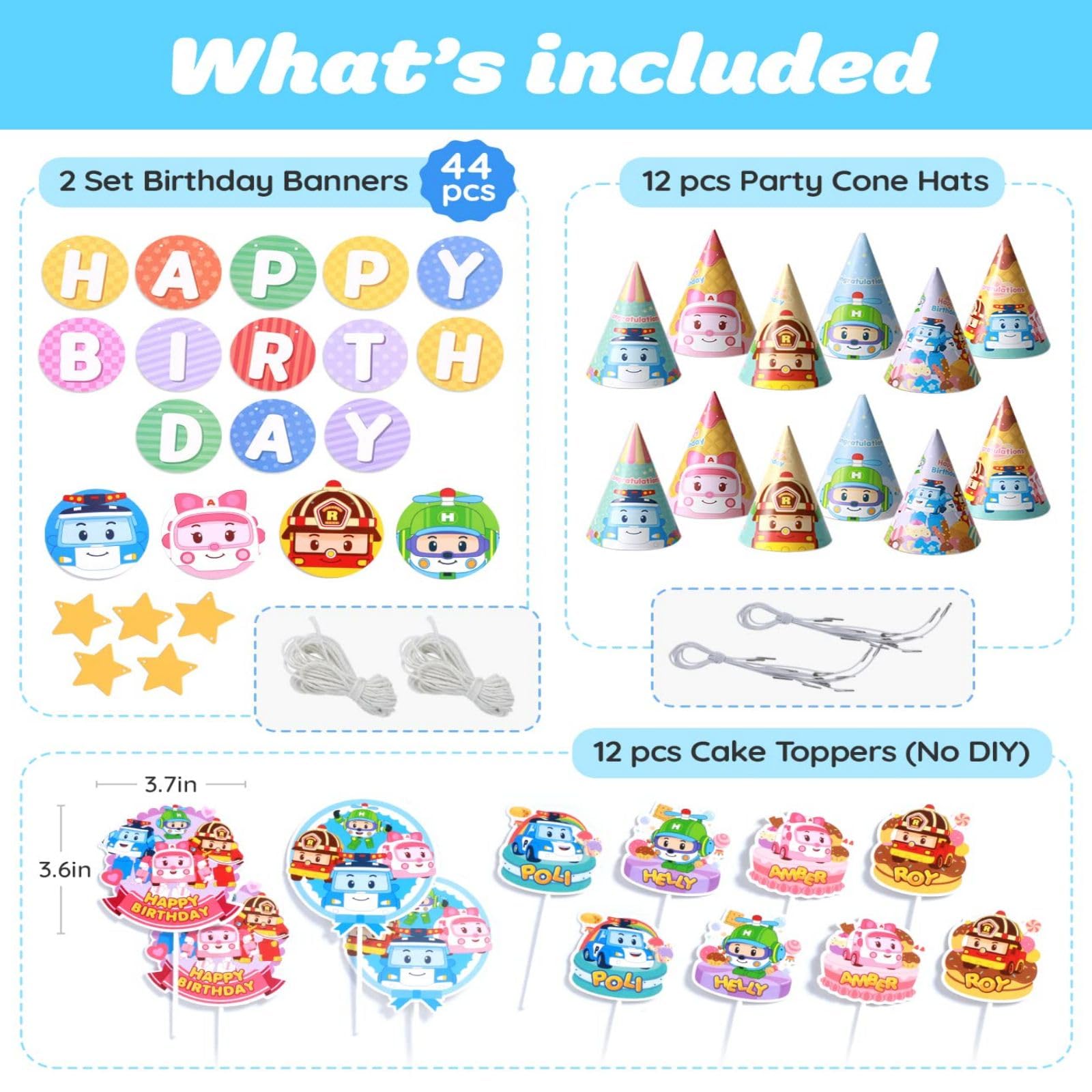 Robocar Poli, Birthday Party Supplies [2-PACK] Happy Birthday Banner Garland, Cake Cupcake Toppers, Cone Hats Set for Boy Girl Kids Party Decorations