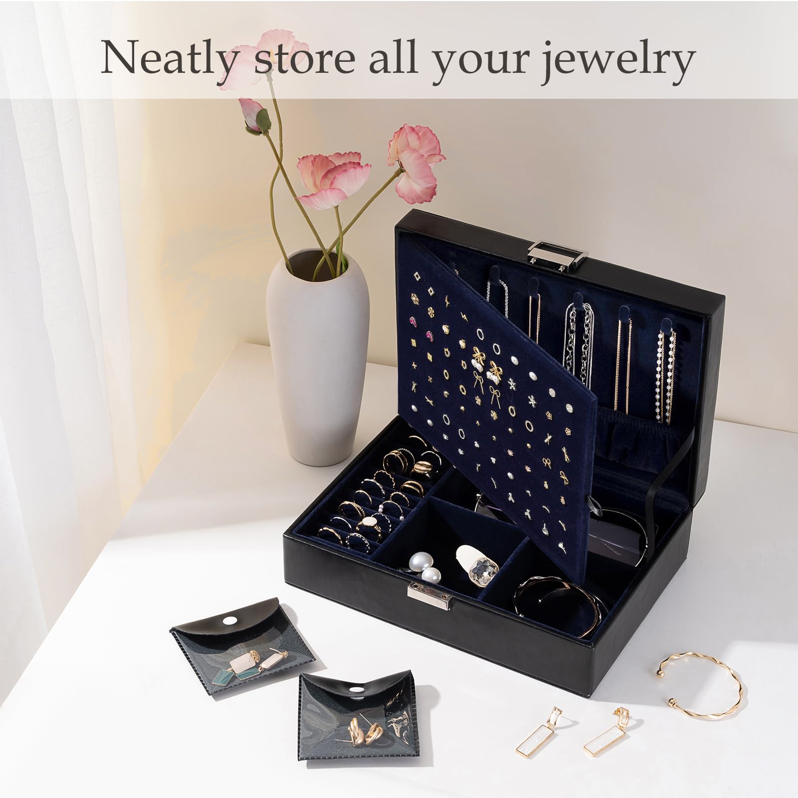 ProCase Jewelry Box Organizer for Women Girls Mothers Day Gift, Upgraded Jewelry Case with 8 Extra Tarnish Free Bags, PU Leather Jewellery Holder Storage Container for Earrings Necklaces Rings -Black