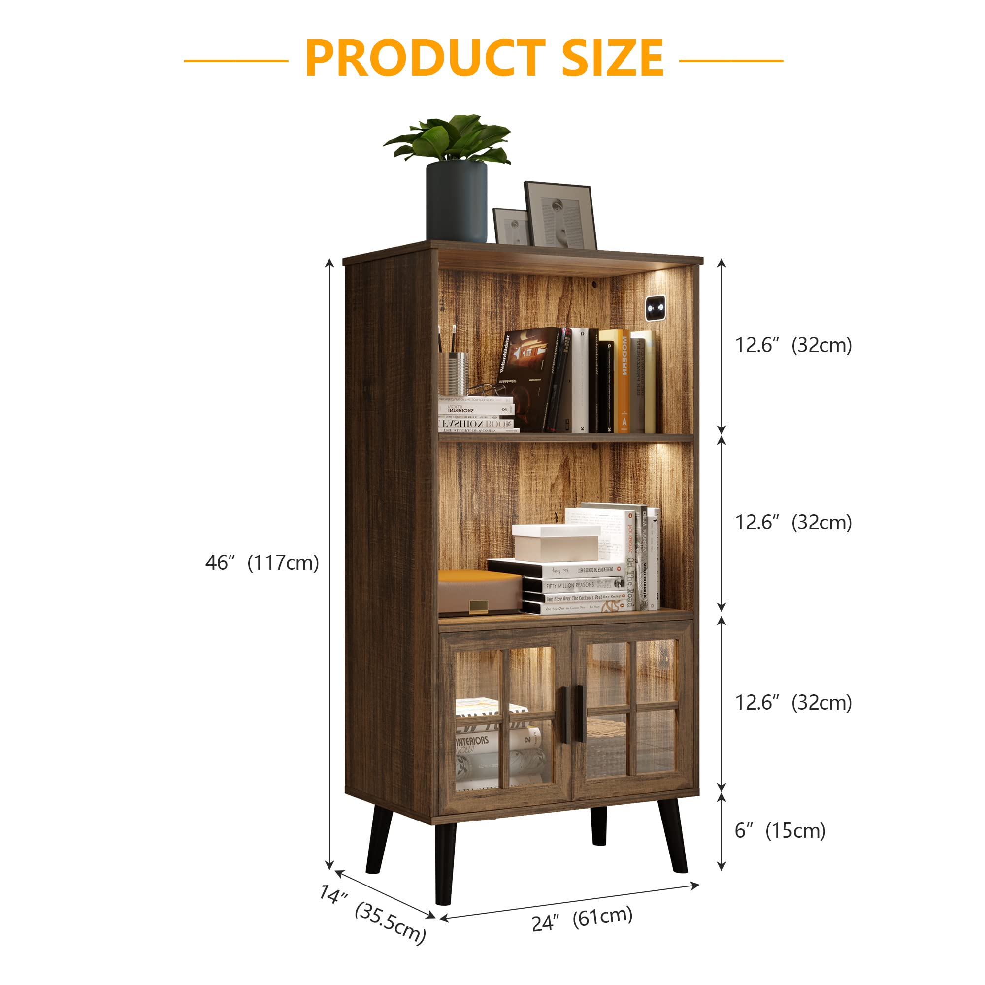 LVSOMT 3 Shelf Bookcase with LED Lights,Book Case with 2 Open Shelves, Storage Cabinet with Door, Human Body Induction Mode, Modern Wood Bookshelf for Bedroom/Living Room/Office, Brown