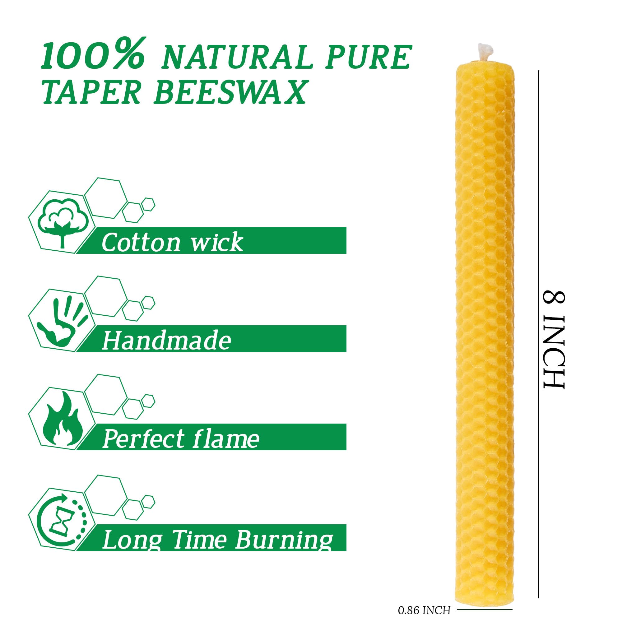 Natural Beeswax Taper Candles, 8 Inch Handmade Honeycomb Bees Wax Candlesticks 6 Pack - 5 Hours Burning Time - Smokeless, Dripless and Unscented for Home Decor Party Dinner