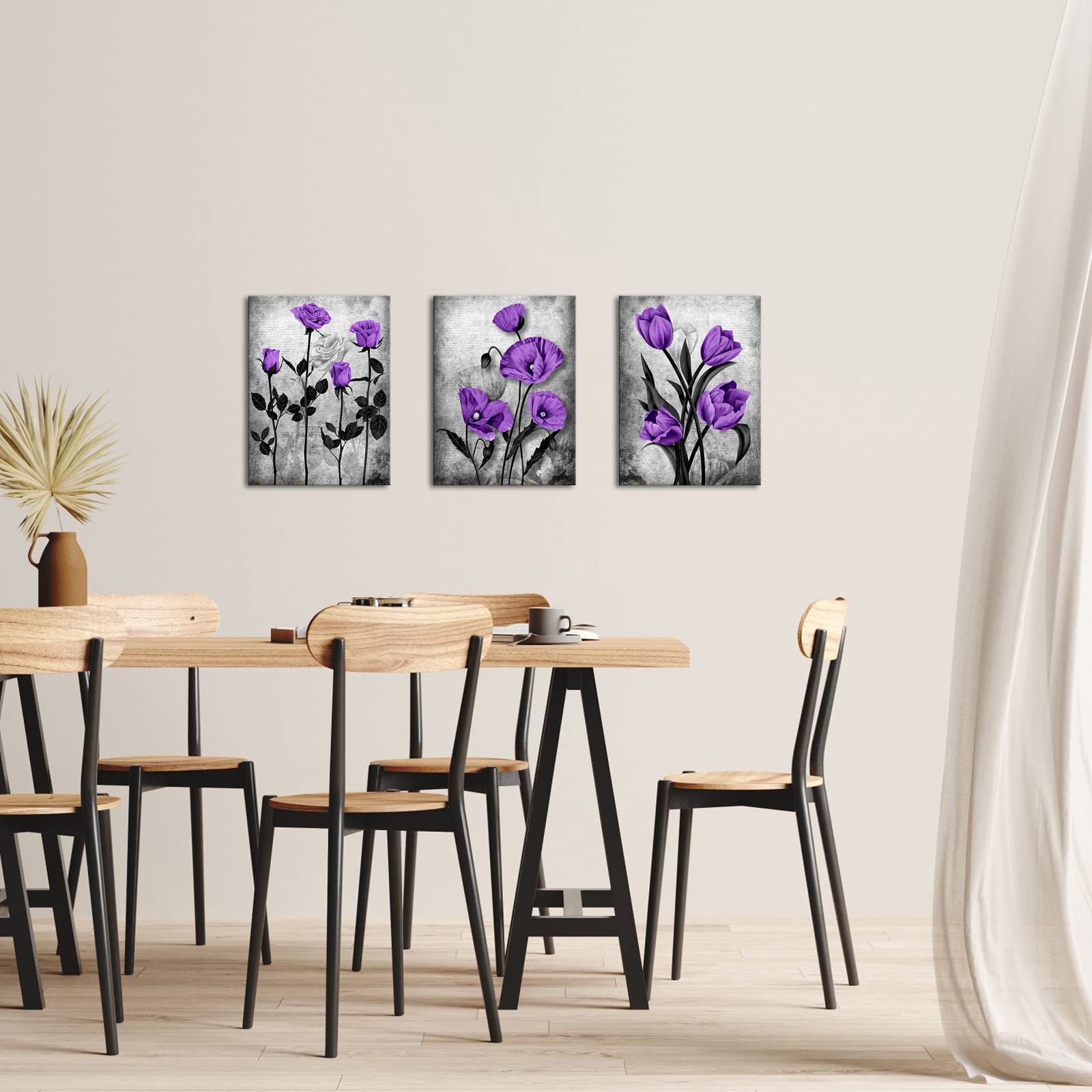 DuoBaorom Purple Grey Rose Painting Poppy Wall Art Tulip Floral Cnvas Print Bedroom Decor Flower Set of 3 Panel
