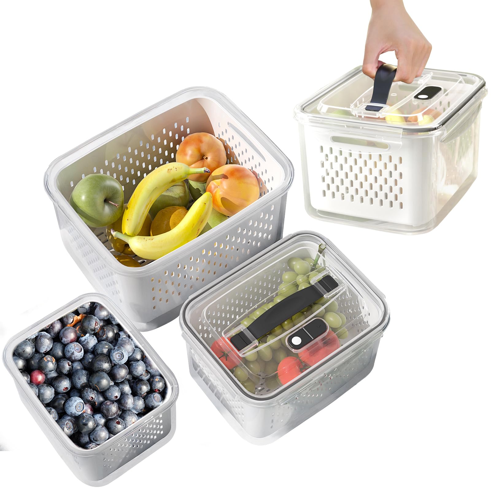 3 Pack Fruit Storage Containers for Fridge with Removable Colanders,Handle design Storage Containers with ventilation port - Dishwasher safe Produce Containers Keep Fruits Vegetables Berry Fresh longe