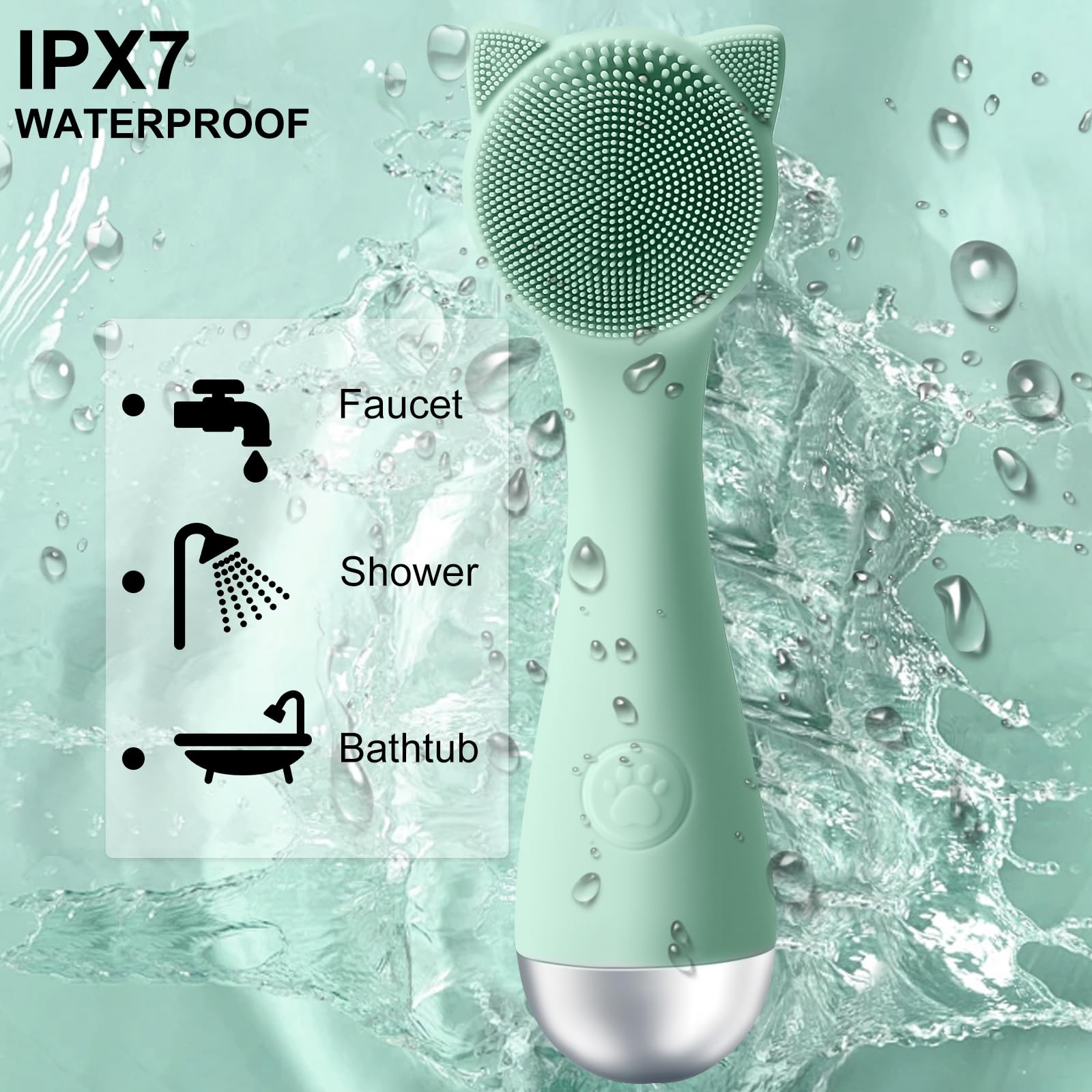 Facial Cleansing Brush, Silicone Face Scrubber Exfoliator for Men & Women, Electric Face Brush Waterproof, with 3 Speeds Adjustable for Deep Cleaning, Removing Blackhead, Face Massaging (Mint Green)