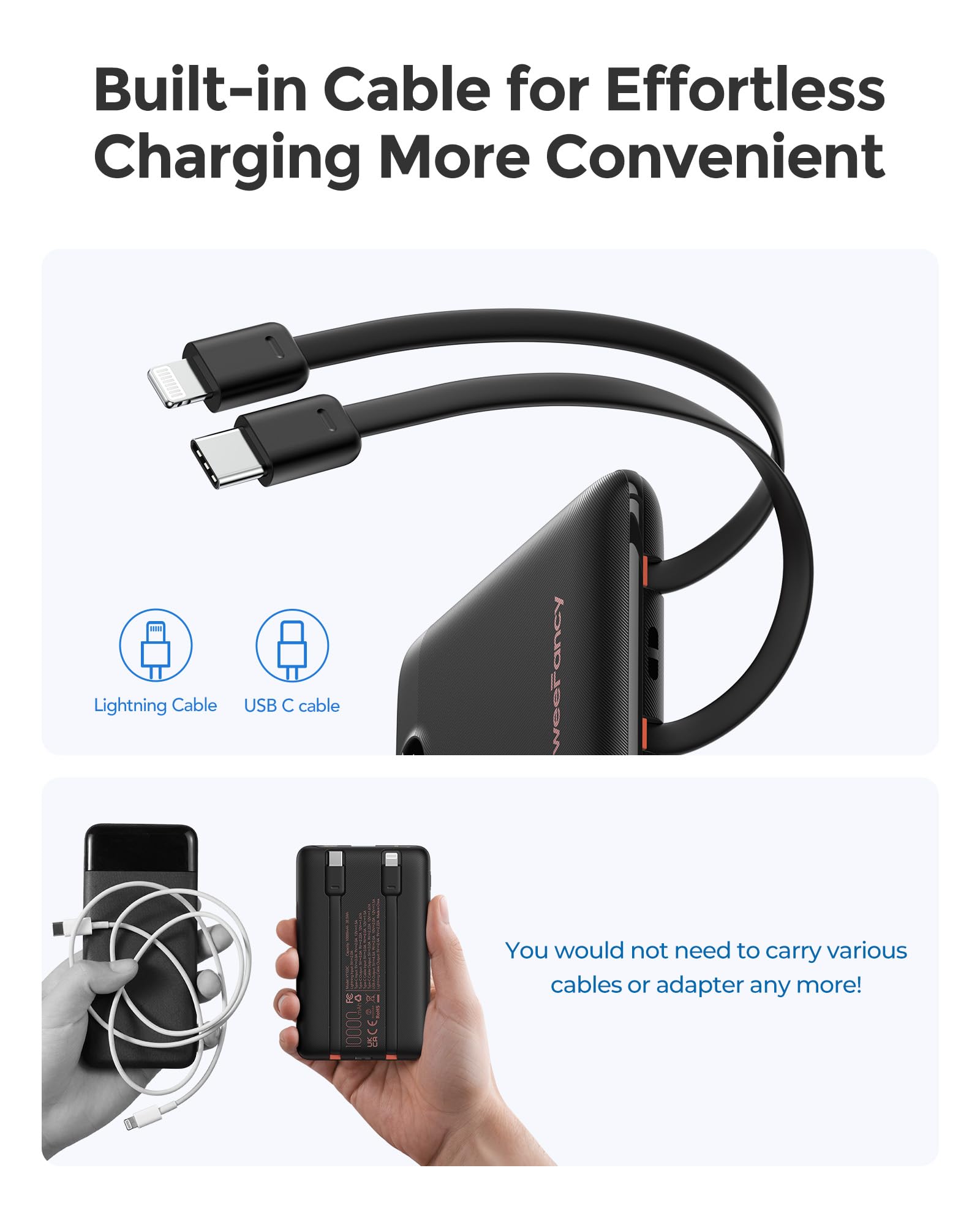 WeeFancy Mini Portable Charger with Built-in Cables 10000mAh 22.5W Fast Charging Power Bank USB-C Small Battery Pack Travel Essential Slim Battery Bank for iPhone, Samsung, Android, and More