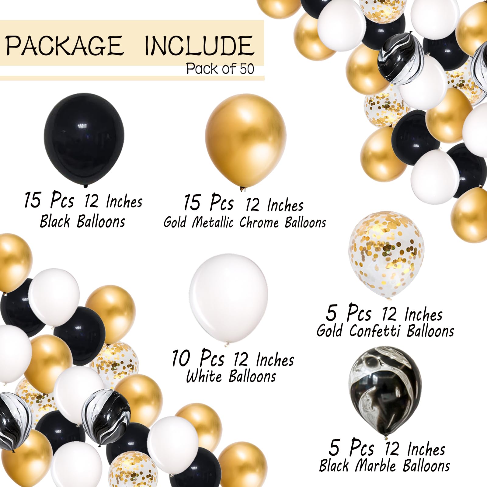 Mayen 50 Pcs 12 Inches Black Gold White Balloons Set, Black Marble Balloons, Gold Metallic and Gold Confetti Balloons, Birthday Party Decorations, New Years Eve Decorations, Graduation Balloons